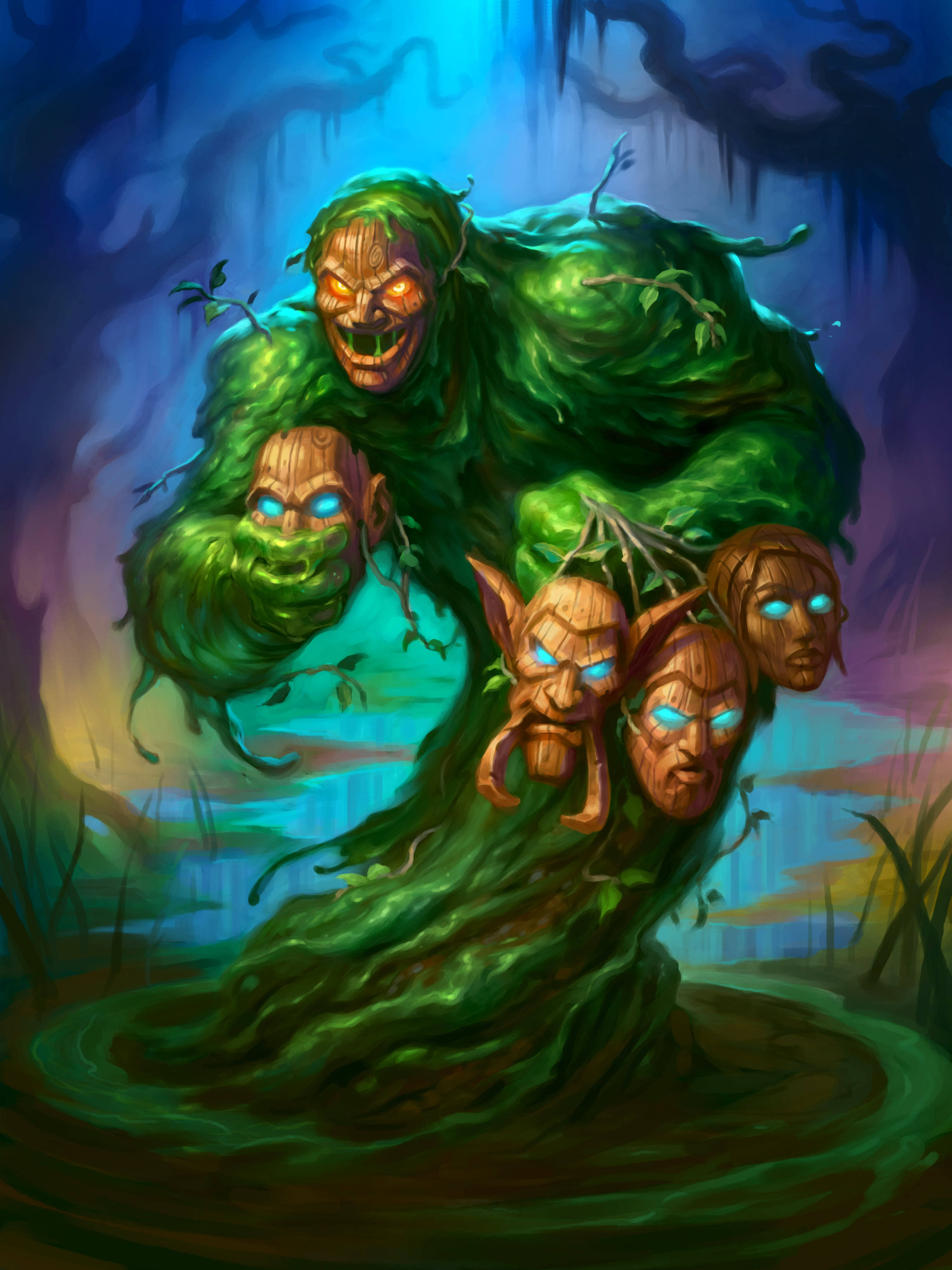 hearthstone phone 桌布 壁紙 — 一個可怕的綠色樹精，有多個發光藍眼的木頭頭顱，從黑暗樹冠下的沼澤水中浮現。