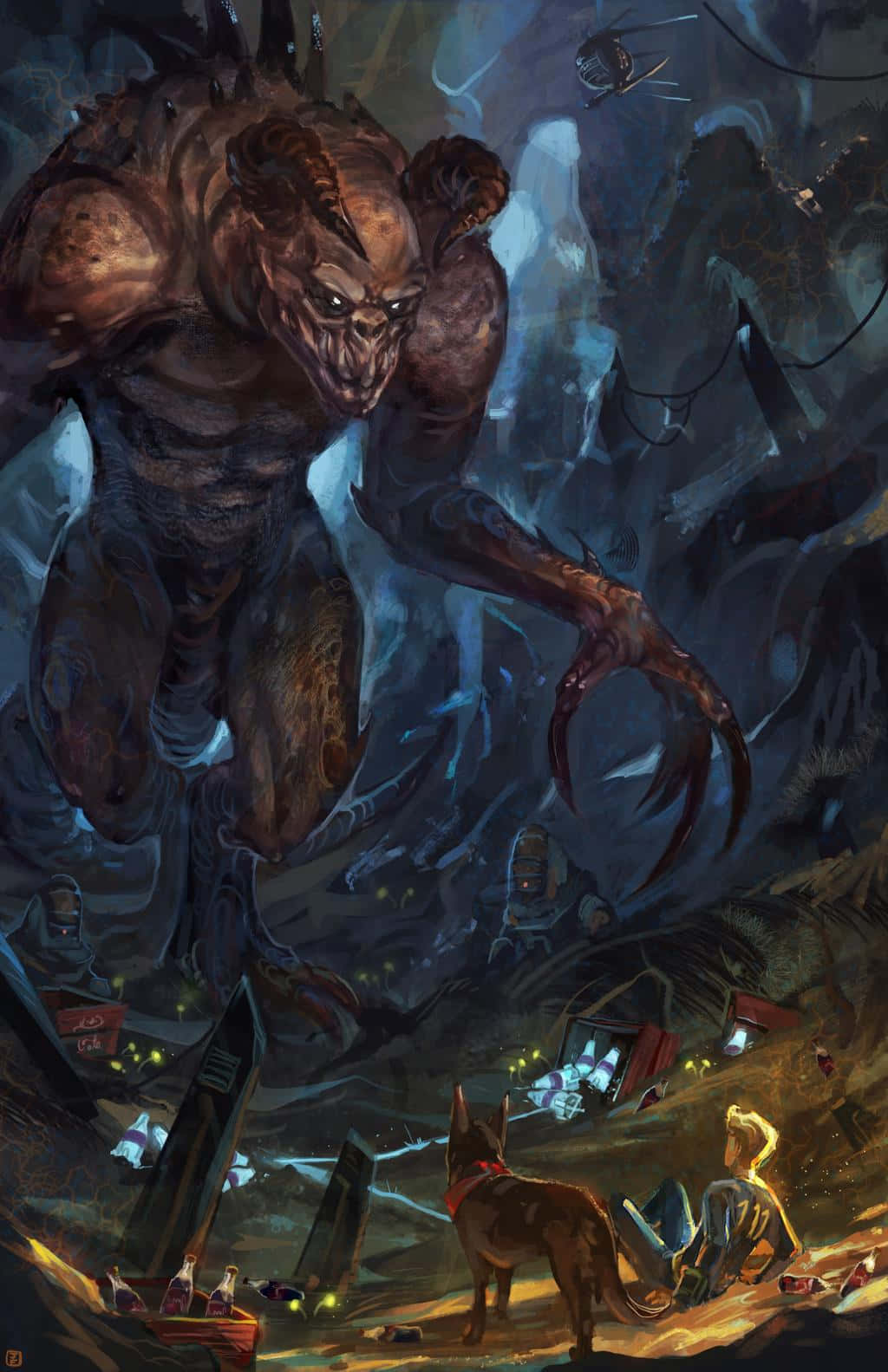 Deathclaw 桌布 壁紙 — 一個可怕的長角生物在一個黑暗的洞穴中，籠罩著一小群倖存者，洞穴裡有發光的文物和散落的裝備。