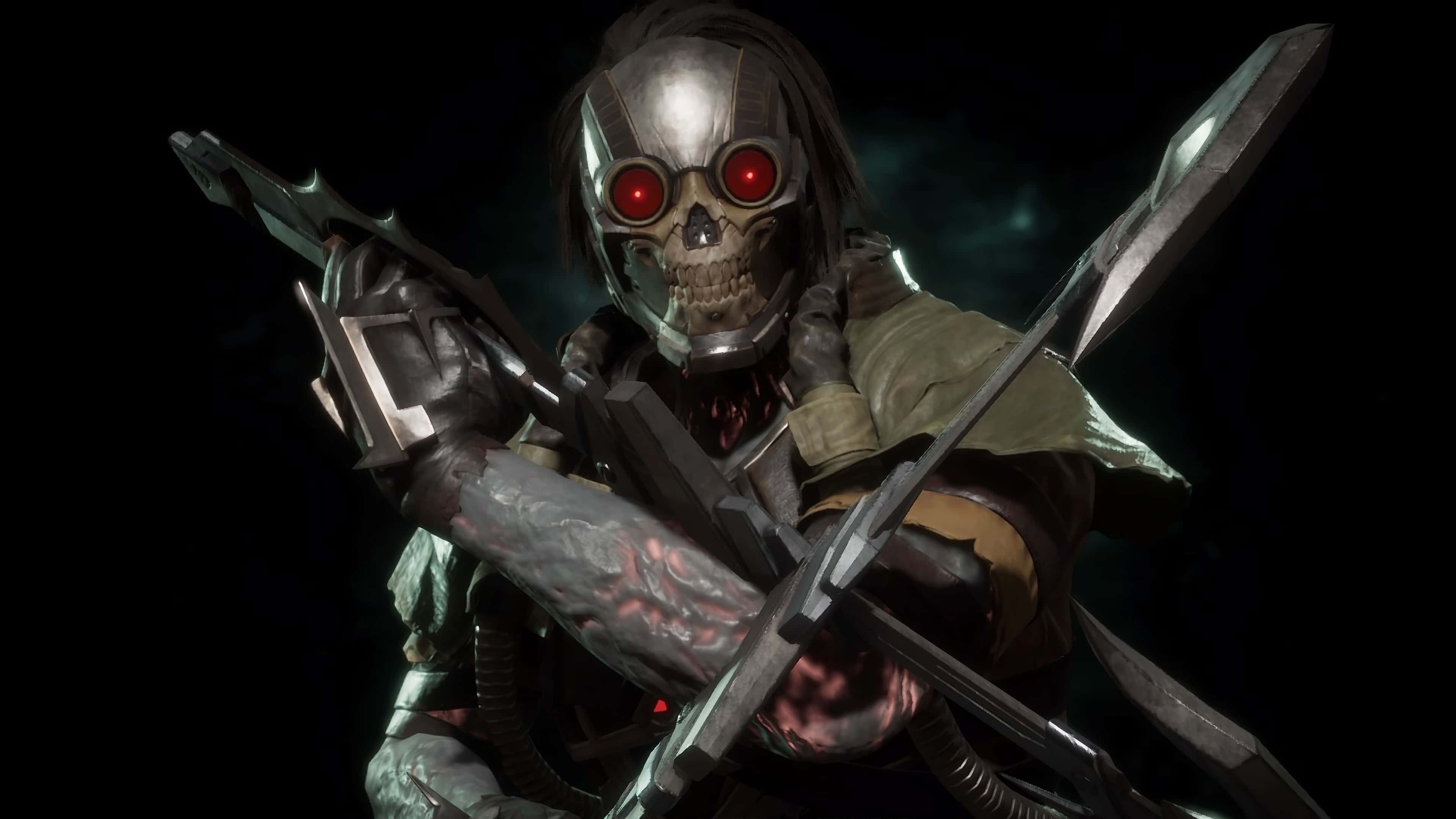 Mortal Kombat Kabal 桌布 壁紙 — 一個可怕的骷髏臉戰士，雙眼發出紅光，在黑暗煙霧繚繞的背景中揮舞雙刃。