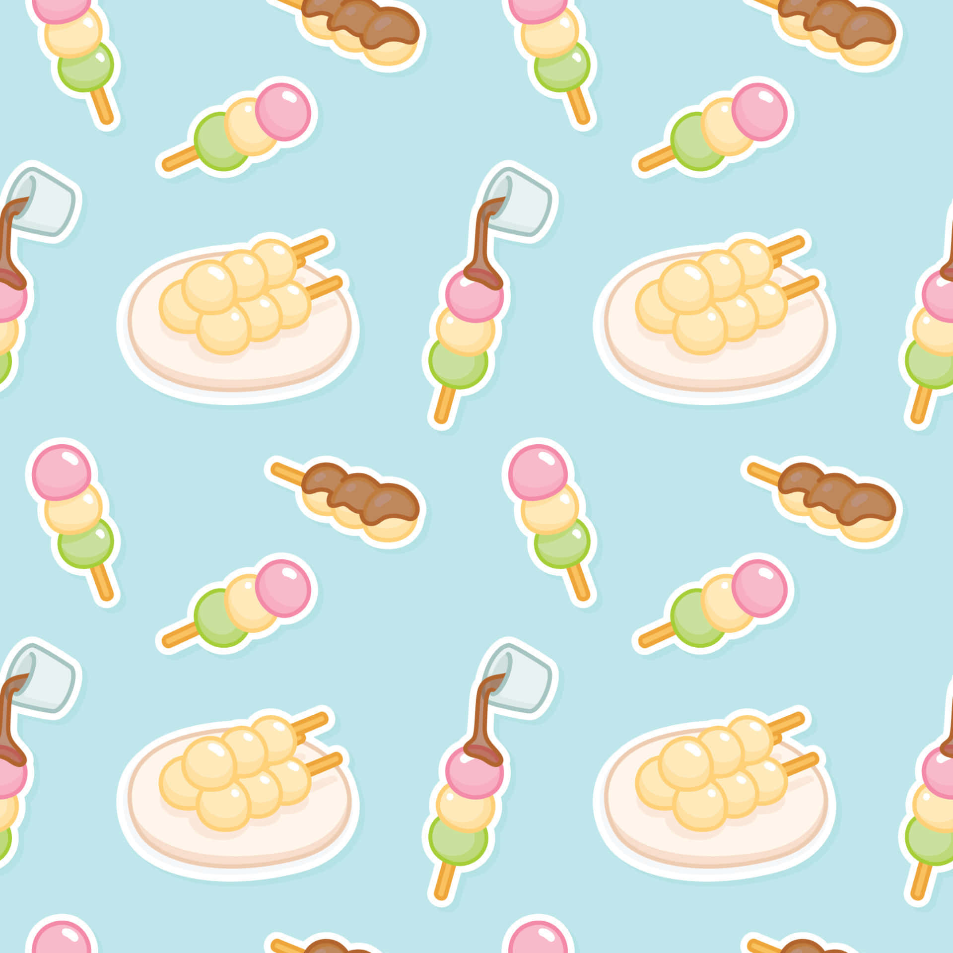 Kawaii Japanese Food 桌布 壁紙 — 一個可愛卡通風格日本街頭小食（如章魚燒和團子）在淺藍色背景上的重複圖案。