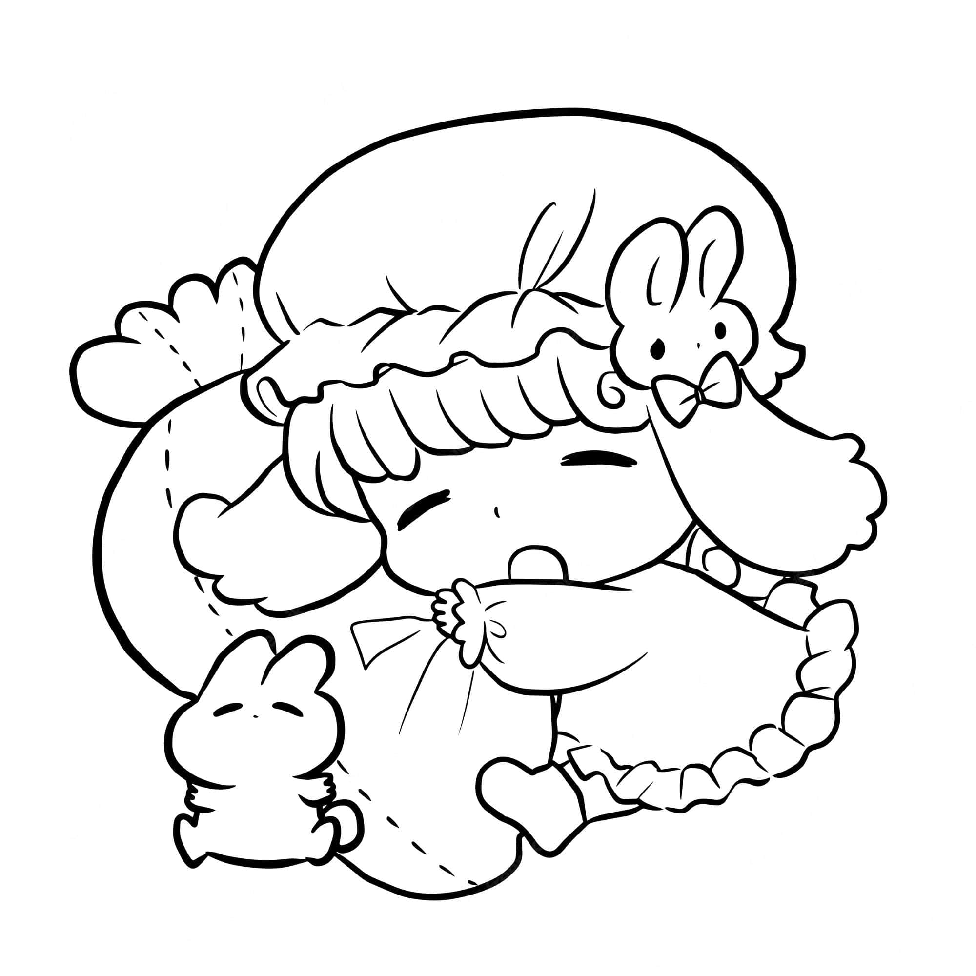 Cartoon Drawing 桌布 壁紙 — 一個可愛嘅chibi女仔有兔仔耳同蝴蝶結，抱住一個細兔仔公仔安詳噉瞓覺。