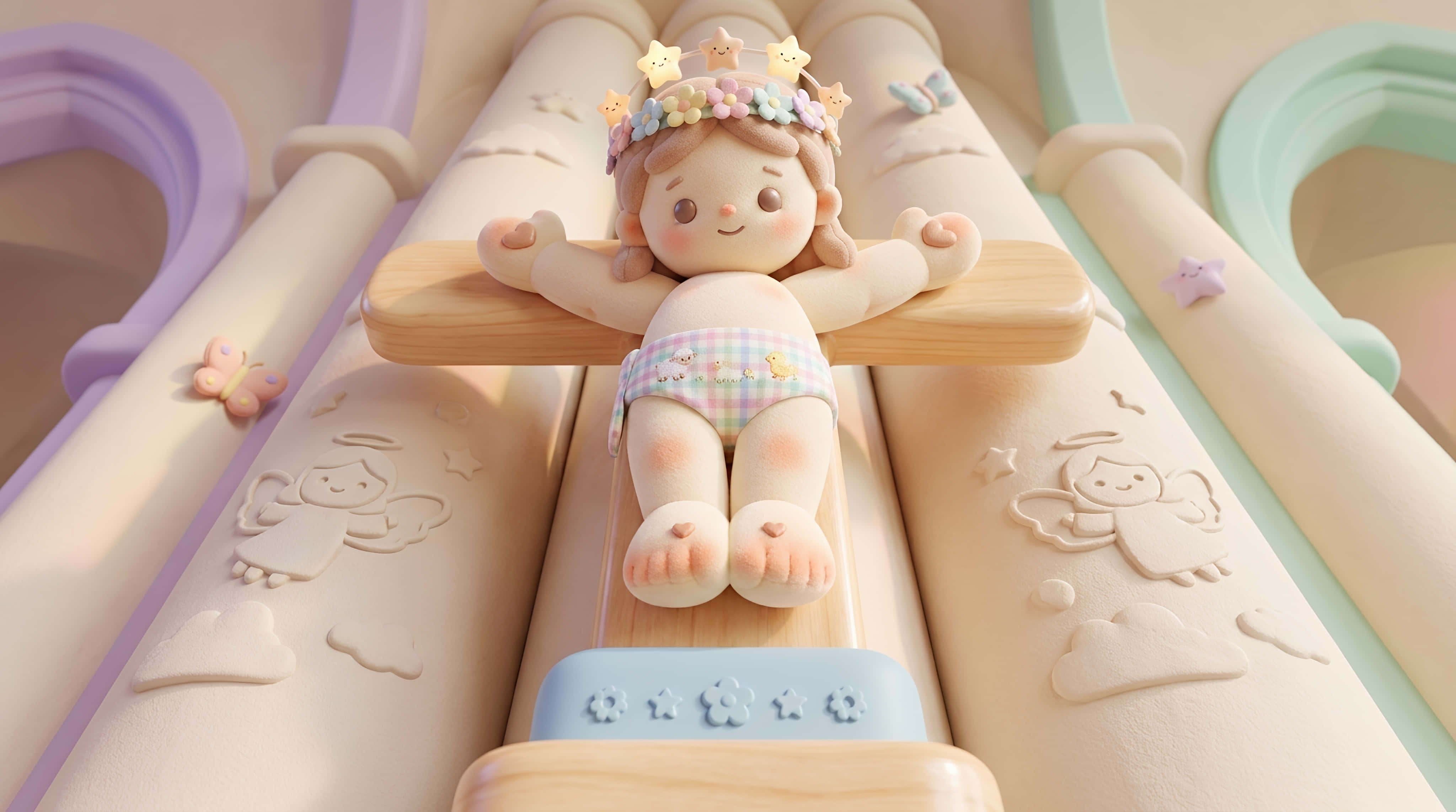 Clay Angel Girl on Playground Structure 壁紙 — 一個可愛的3D渲染嬰兒娃娃，戴著花冠，安詳地躺在一個飾有天使雕刻的粉彩木製搖籃裡。