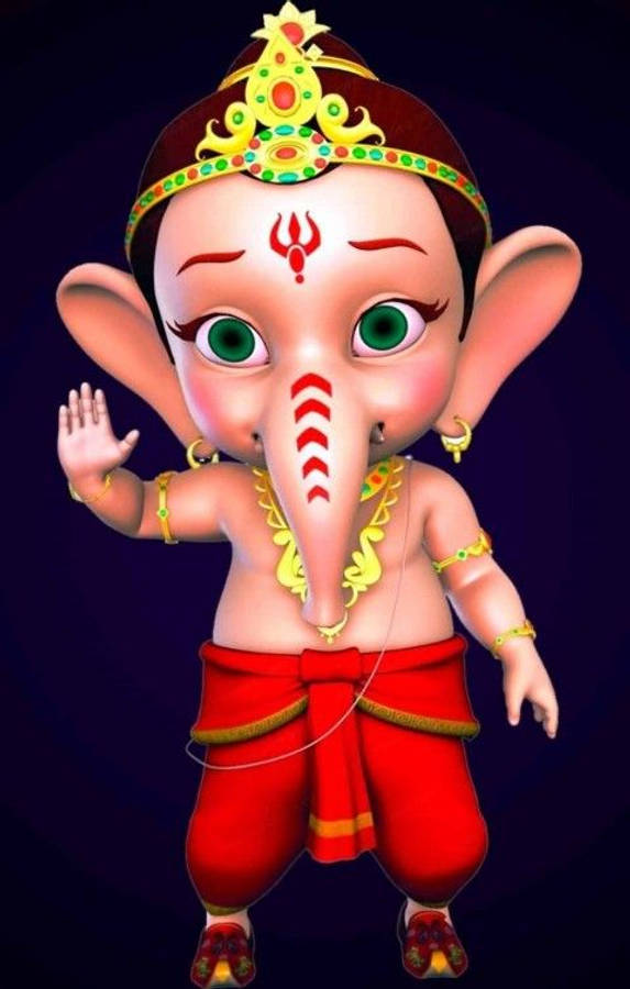 黑色動態圖 桌布 壁紙 — 一個可愛的3D渲染小象神Ganesha，有著綠色大眼睛和紅色頭巾，在深紫色背景上揮手。