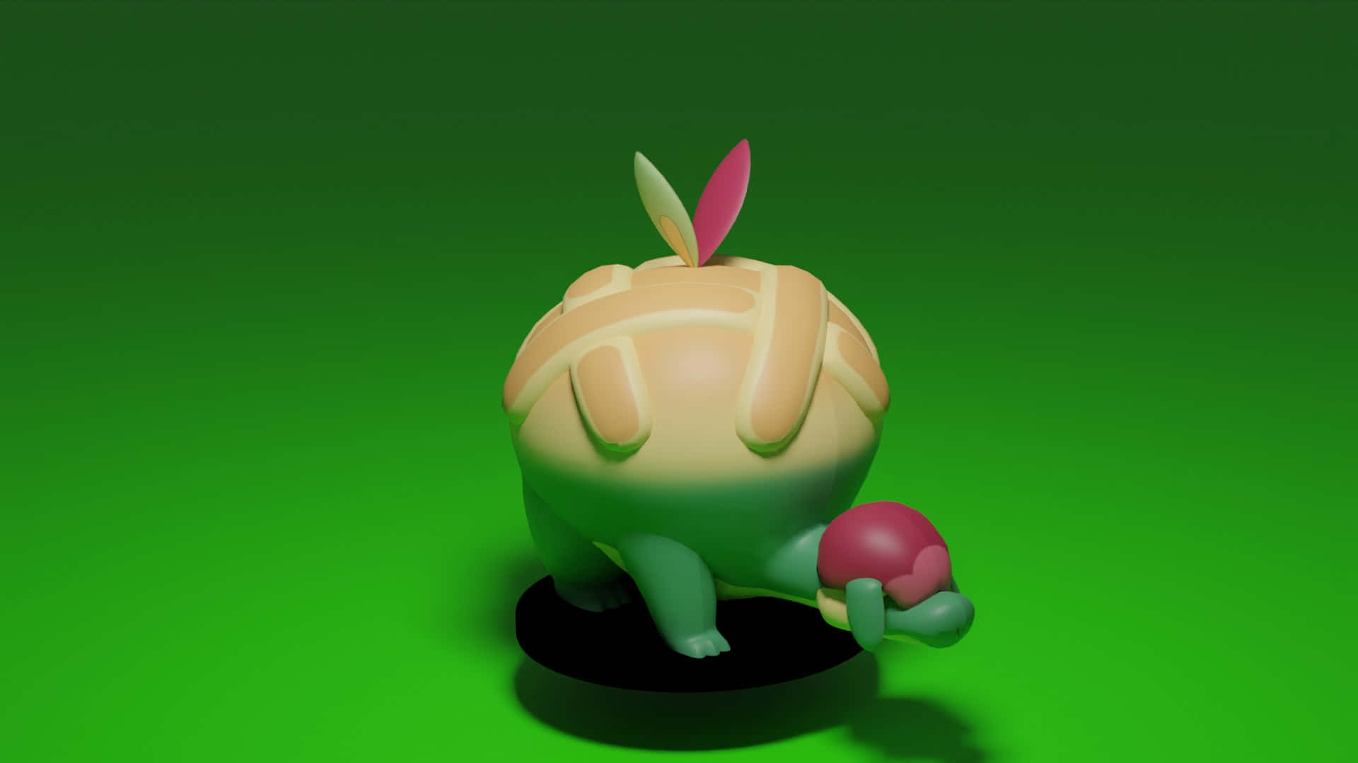 Pokémon Appletun 3D 壁紙 — 一個可愛的3D渲染烏龜公仔，帶有桃子般的殼和頂部的葉子，站在黑色底座上，背景是充滿活力的綠色漸變。
