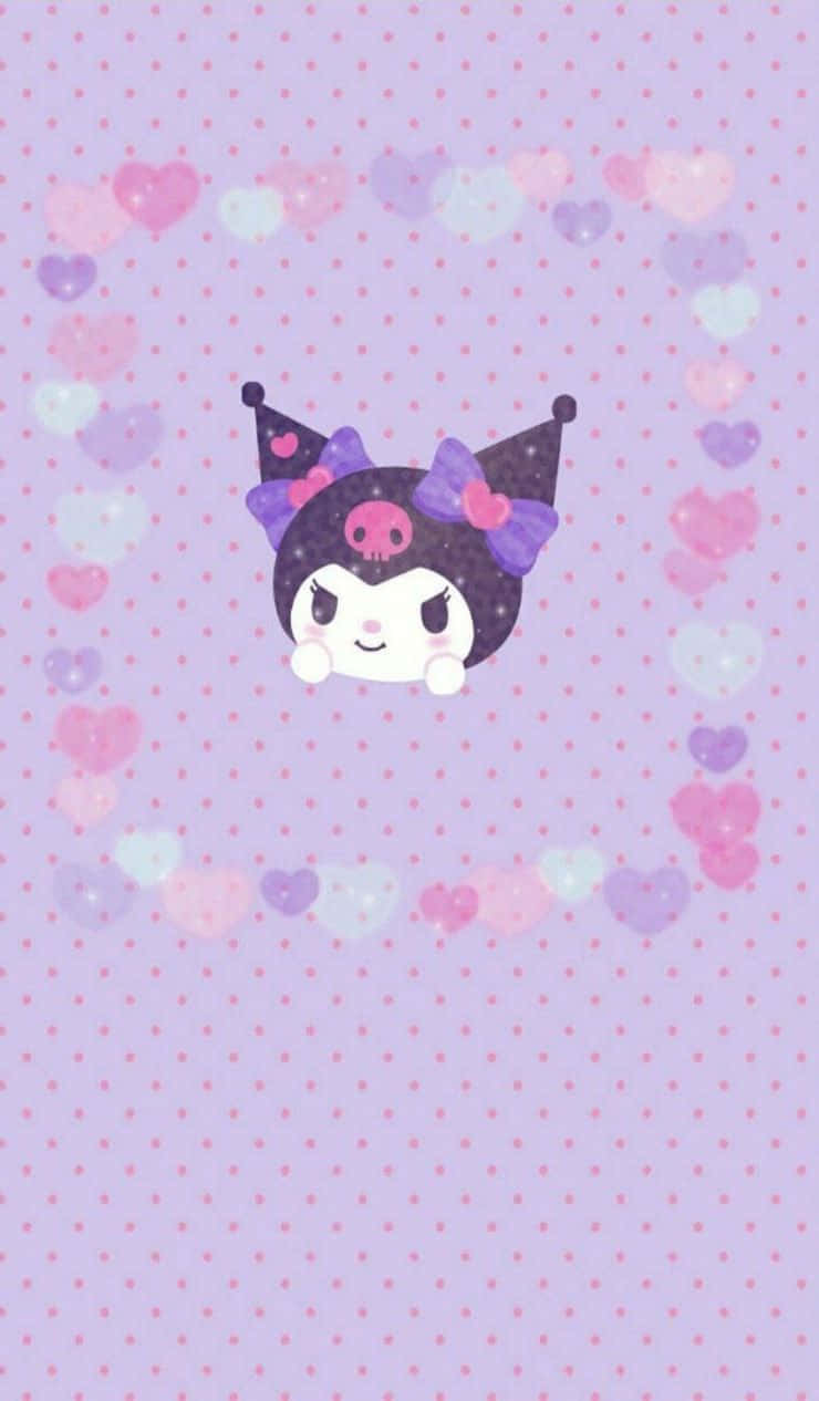 Kuromi Aesthetic 桌布 壁紙 — 一個可愛的Kuromi角色，戴著紫色蝴蝶結，從一個心形框架後面探出頭來，背景是淡紫色圓點圖案。