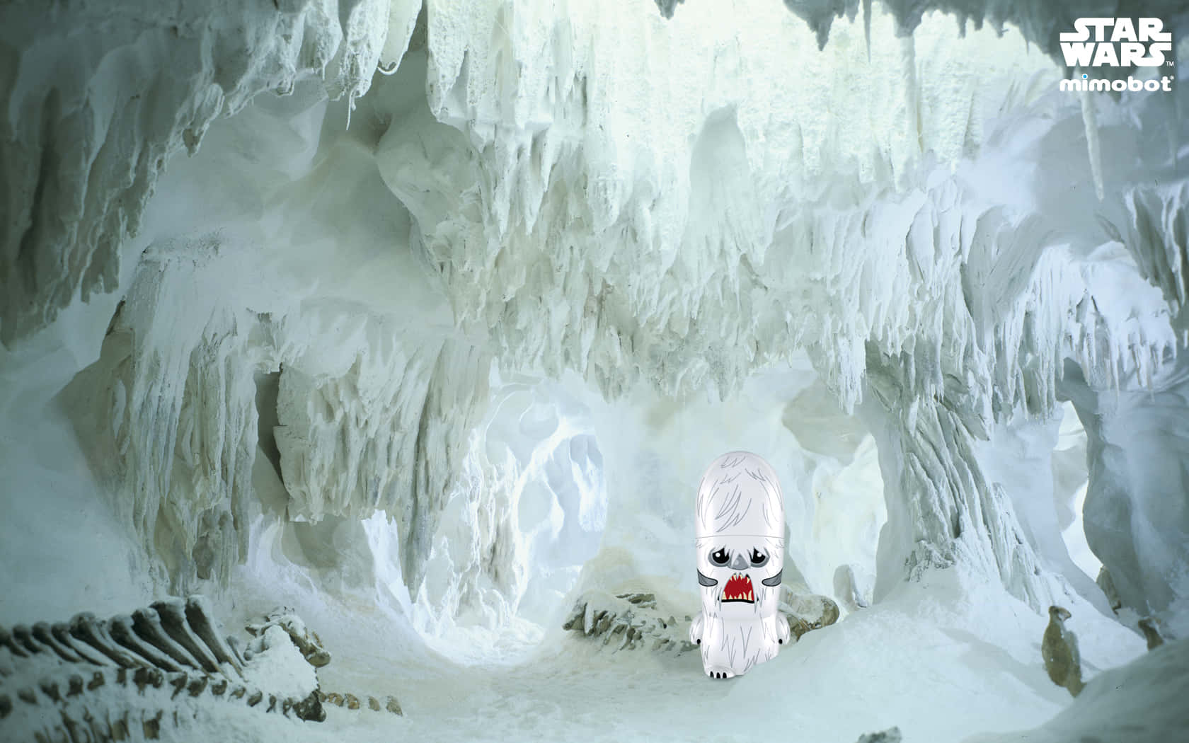 Wampa 桌布 壁紙 — 一個可愛的LEGO風格Wampa站在一個廣闊的冰洞中，周圍有懸掛的冰柱和一個恐龍骨架。