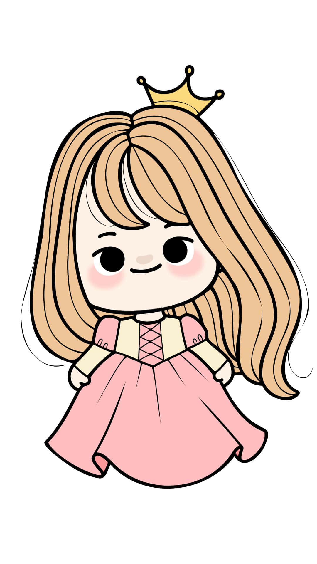 Cute Queen 桌布 壁紙 — 一個可愛的Q版公主，長長的金色頭髮和金色皇冠，穿著粉紅色裙子，背景是純白色。