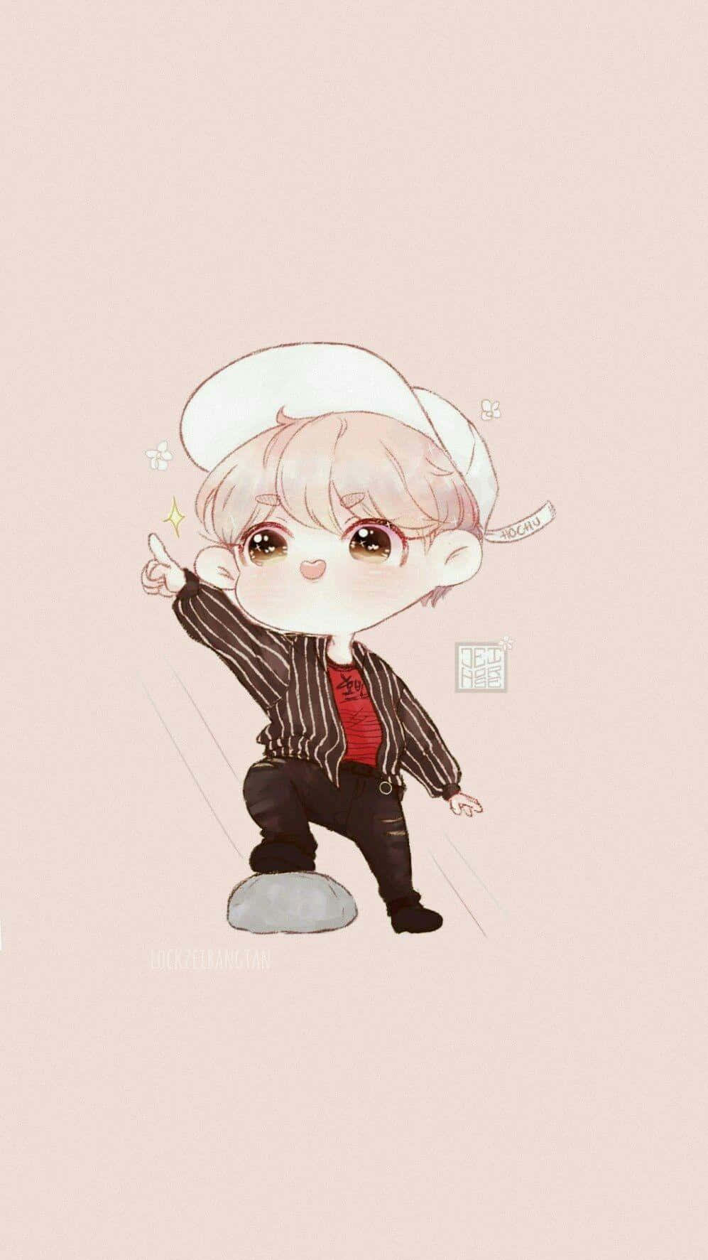 Bts Fanart 桌布 壁紙 — 一個可愛的Q版動畫男孩，穿著條紋外套和白色帽子，在柔和的粉紅色背景下的岩石上擺出俏皮的姿勢。