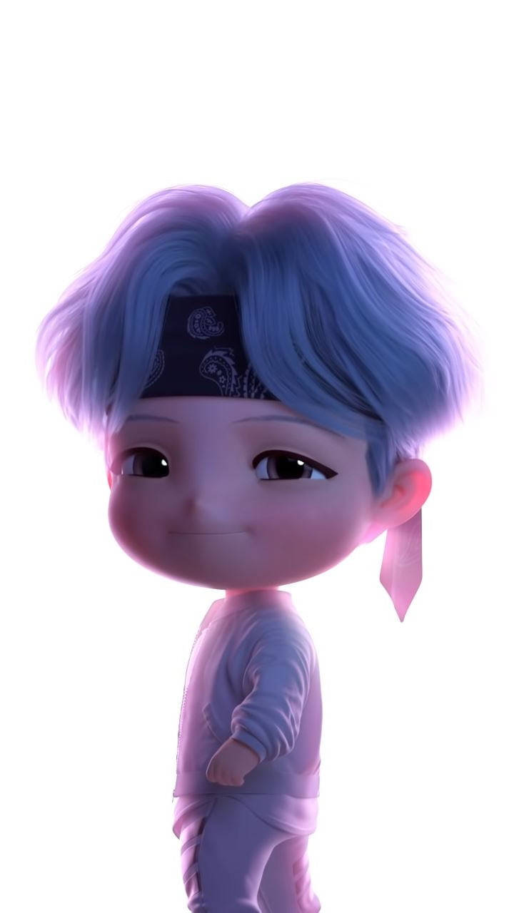 BTS Tinytan Suga 壁紙 — 一個可愛的Q版動畫男孩，藍色頭髮和頭巾，在明亮的白色背景上溫柔地微笑。