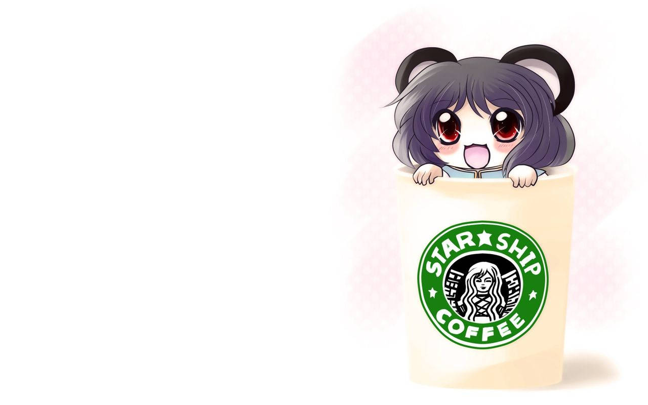 Chibi 桌布 壁紙 — 一個可愛的Q版女孩，深色頭髮和紅色眼睛，帶著頑皮的表情從星巴克咖啡杯邊緣偷看。