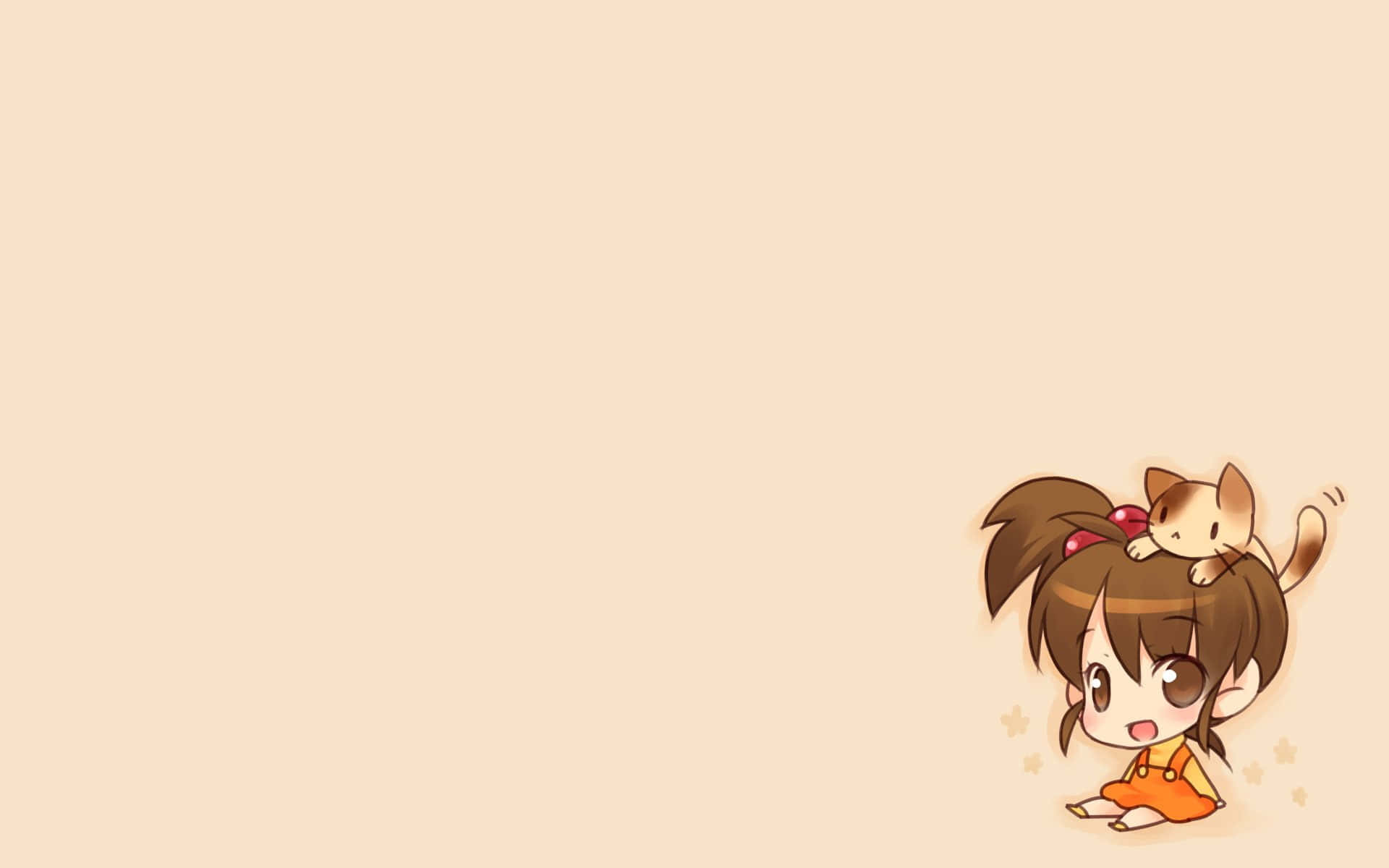 Haruhi Sasaki 桌布 壁紙 — 一個可愛的Q版女孩穿著橙色連衣裙，頭頂著一隻小貓，坐在柔和的米色背景前。