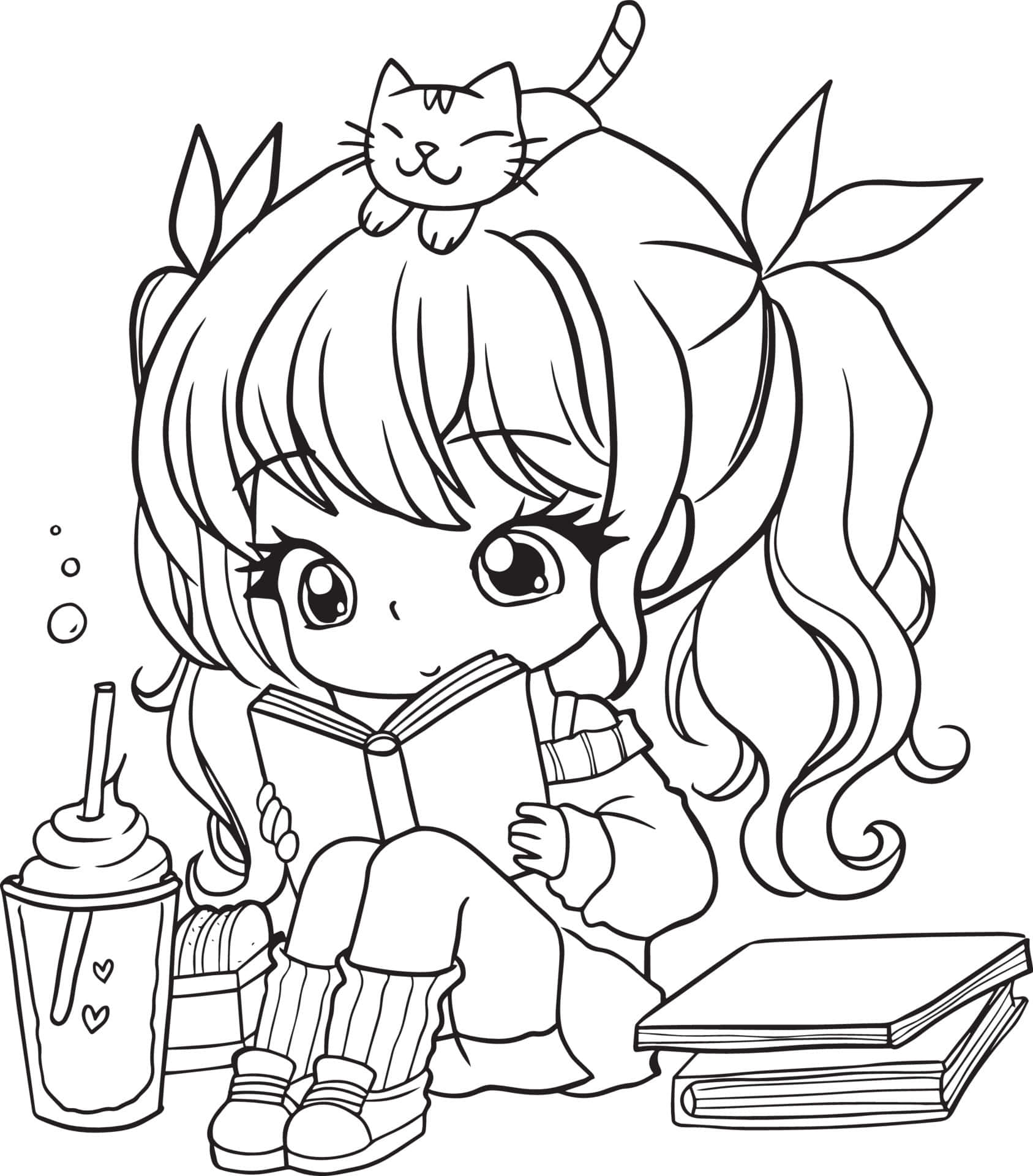 Cartoon Drawing 桌布 壁紙 — 一個可愛的Q版女孩頭頂貓咪，在飲料和書籍環繞下閱讀一本書。