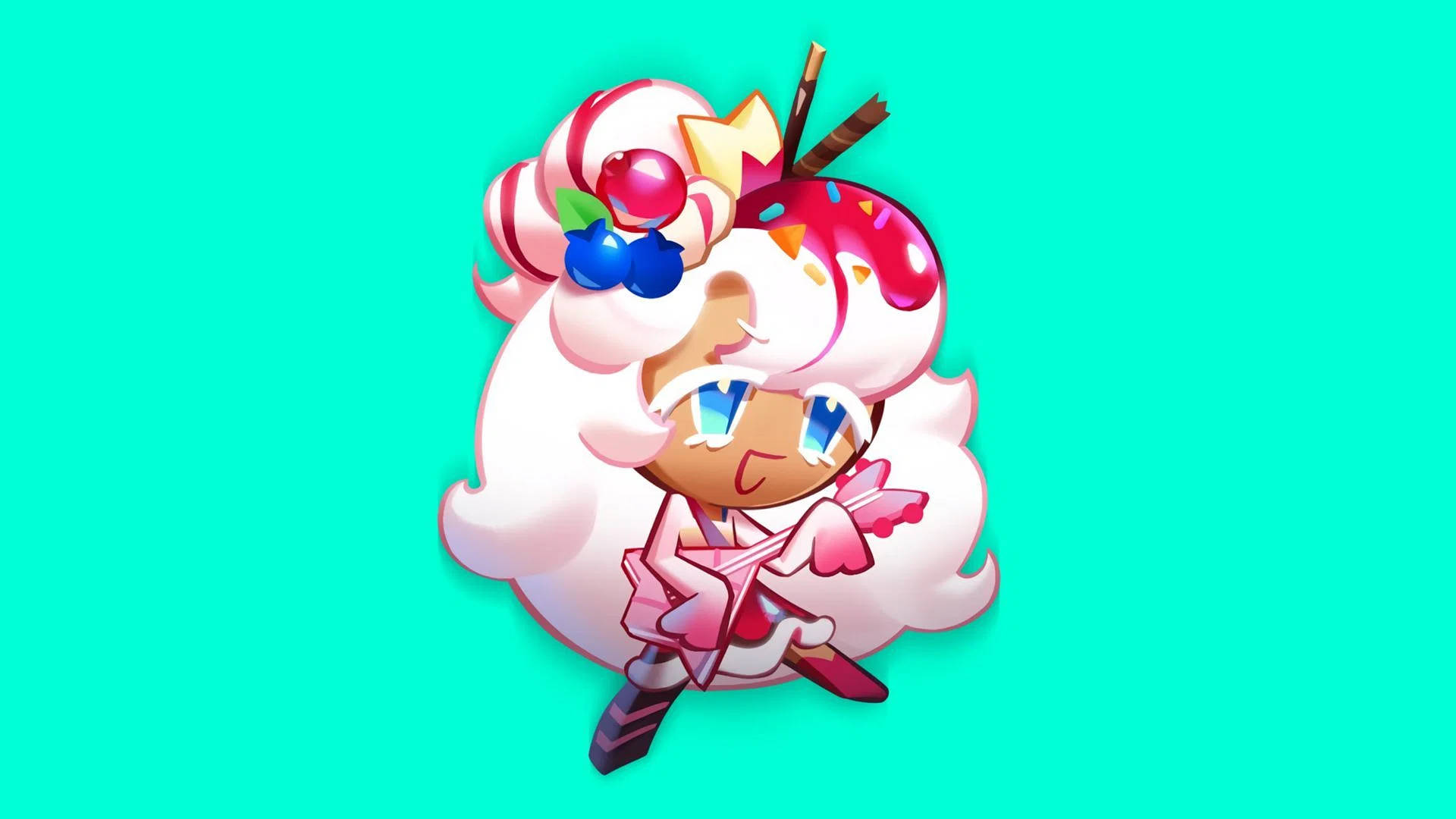 Parfait Cookie Run 壁紙 — 一個可愛的Q版曲奇角色，擁有粉紅色糖霜頭髮和糖果配料，在明亮的青綠色背景上微笑。