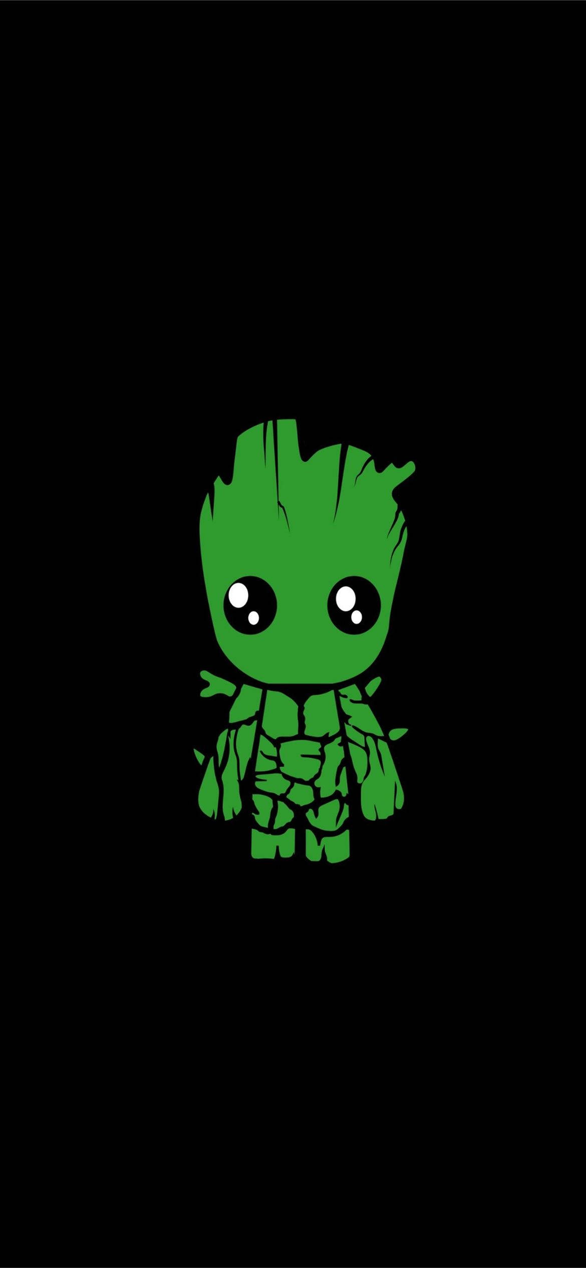 Groot 桌布 壁紙 — 一個可愛的Q版格魯特獨自站在純黑色背景前，眼睛發出白光。