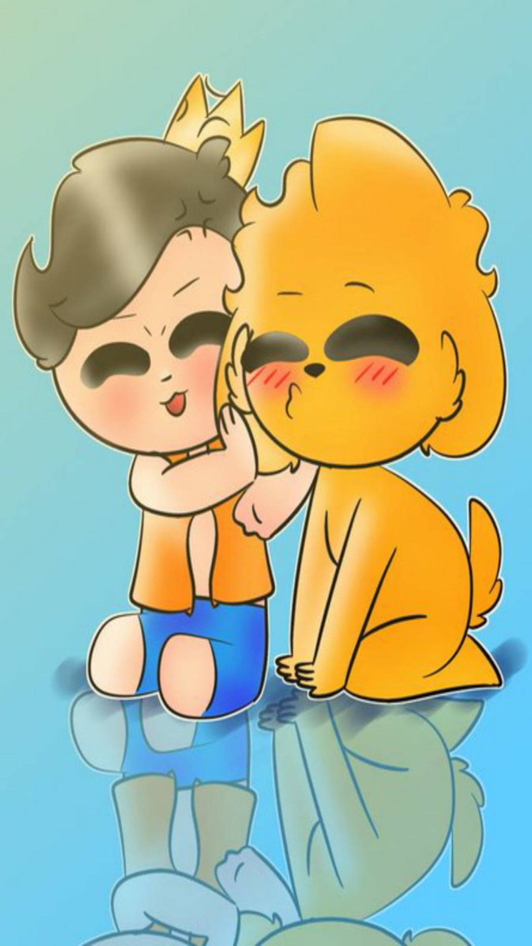 Best Friends 桌布 壁紙 — 一個可愛的Q版男孩戴著皇冠，在柔和的藍色漸變背景前擁抱一個臉紅的橙色狐狸狀生物。