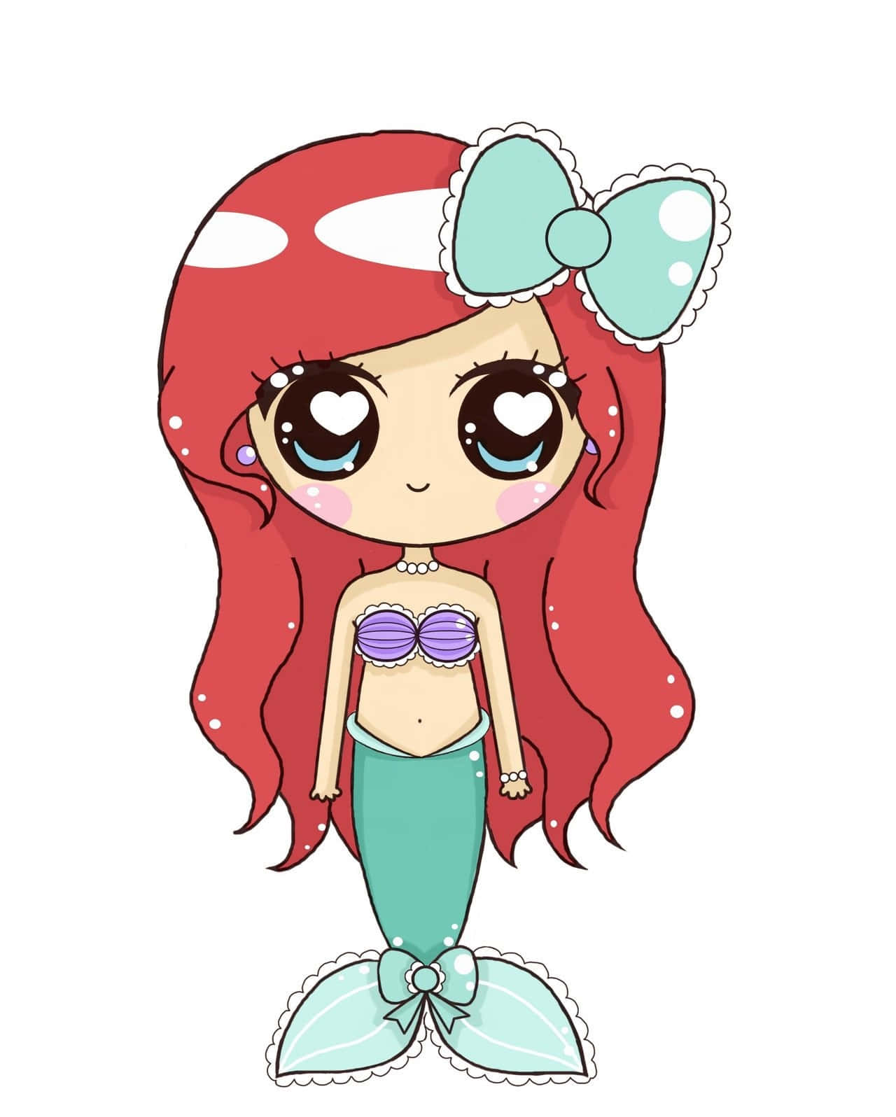 Kawaii Mermaid 桌布 壁紙 — 一個可愛的Q版美人魚，長長紅髮和青綠色蝴蝶結，在白色背景前以心形眼睛微笑。