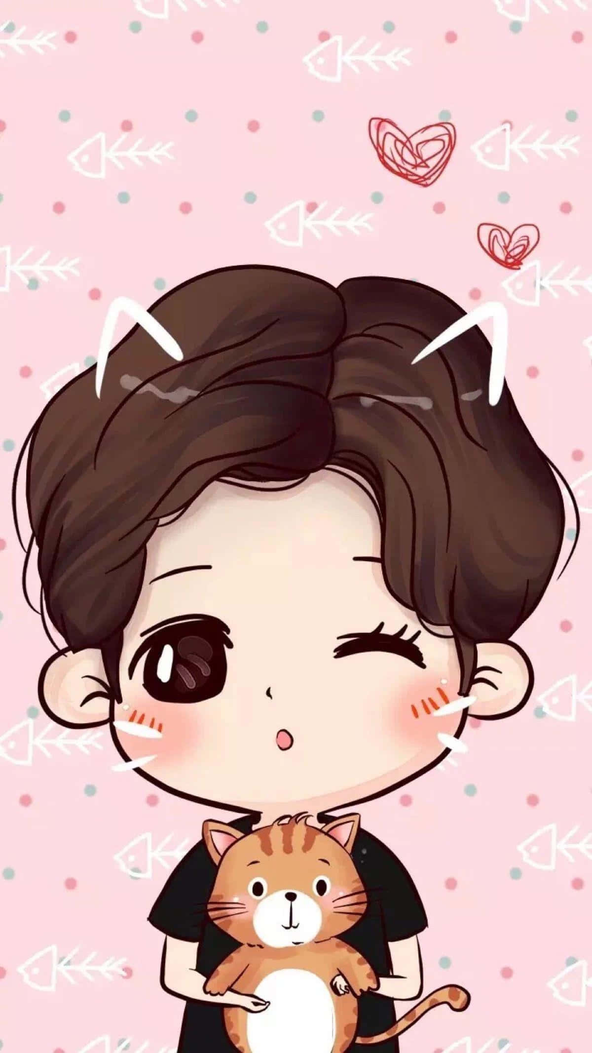 Kpop Kawaii 桌布 壁紙 — 一個可愛的Q版風格男孩戴著貓耳，在粉紅色背景上抱著一隻小橙色虎斑貓，背景有魚和心形塗鴉，他正單眼眨眼。
