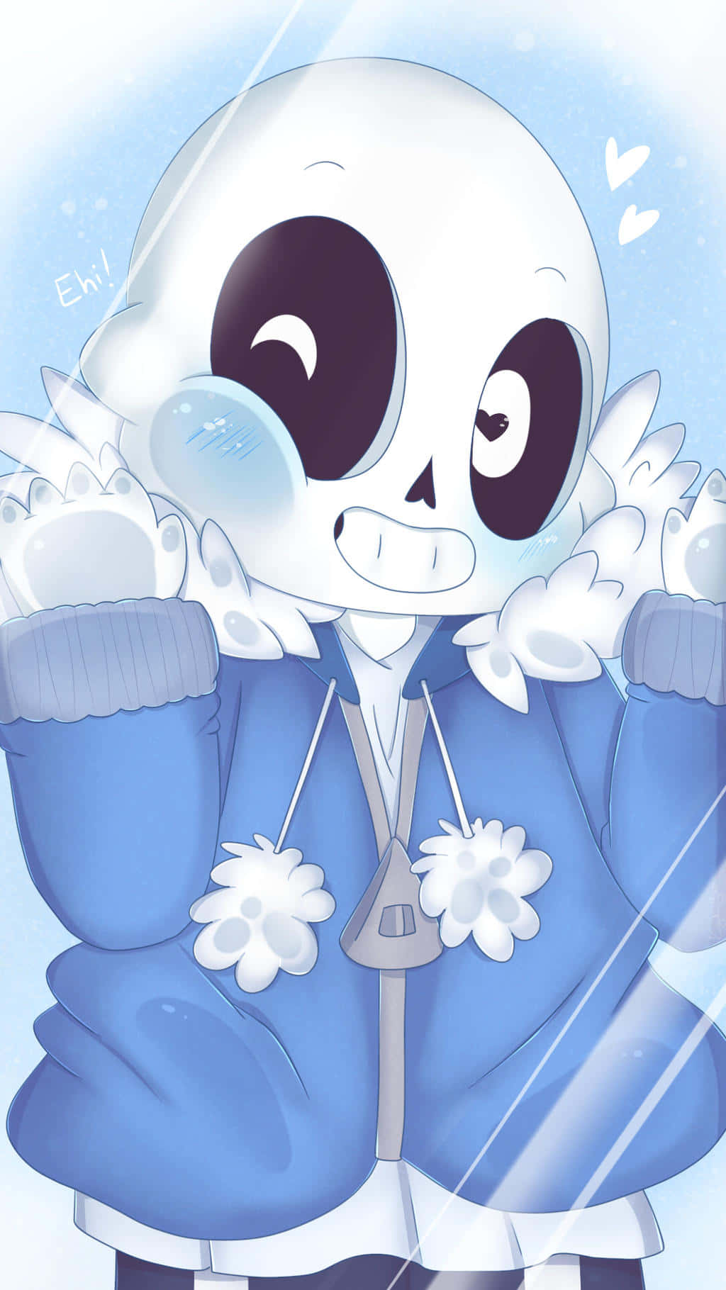 Undertale Phone 桌布 壁紙 — 一個可愛的Q版骷髏角色穿著藍色連帽衫，在雪景背景下微笑著拿著雪球。