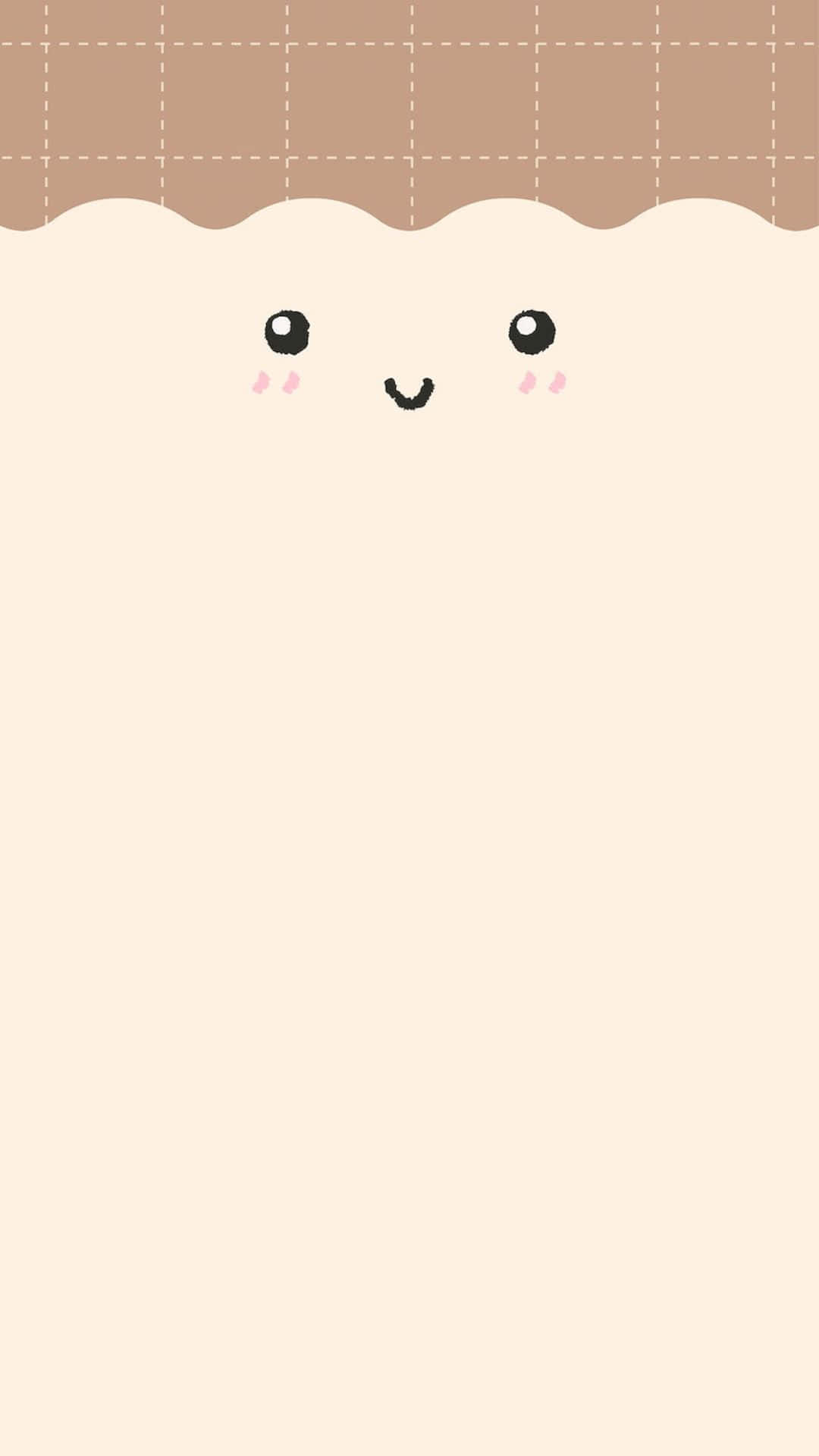 Kawaii Emoticon 桌布 壁紙 — 一個可愛的像素風格臉龐，臉頰紅潤，從柔軟米色背景上的棕色格仔毛毯下探出頭來。