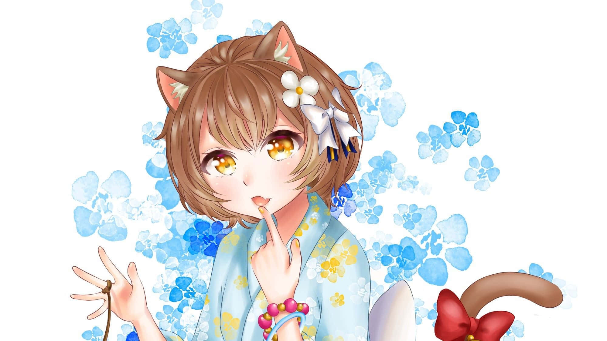 Felix Argyle 桌布 壁紙 — 一個可愛的動漫女孩，有貓耳朵和尾巴，穿著花卉和服，周圍環繞著藍色花朵。