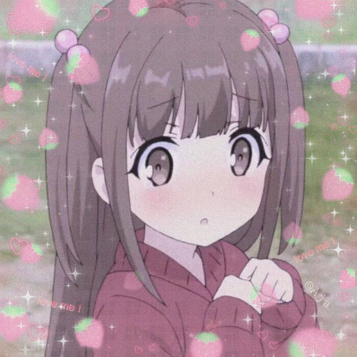棕色雙馬尾的動漫女孩，被粉紅色草莓和閃光包圍。 — 可愛動漫頭像gif 壁紙