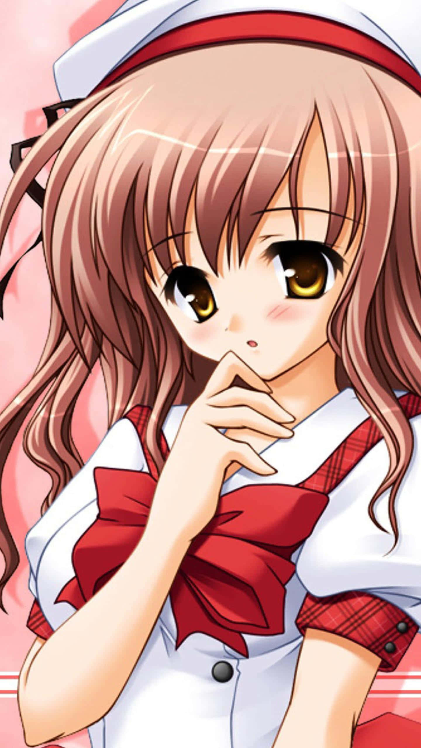 Cute Animations 桌布 壁紙 — 一個可愛的動漫女孩，棕色頭髮和金色眼睛，穿著帶有紅色點綴的白色護士服和配套帽子，輕輕觸碰她的嘴唇。