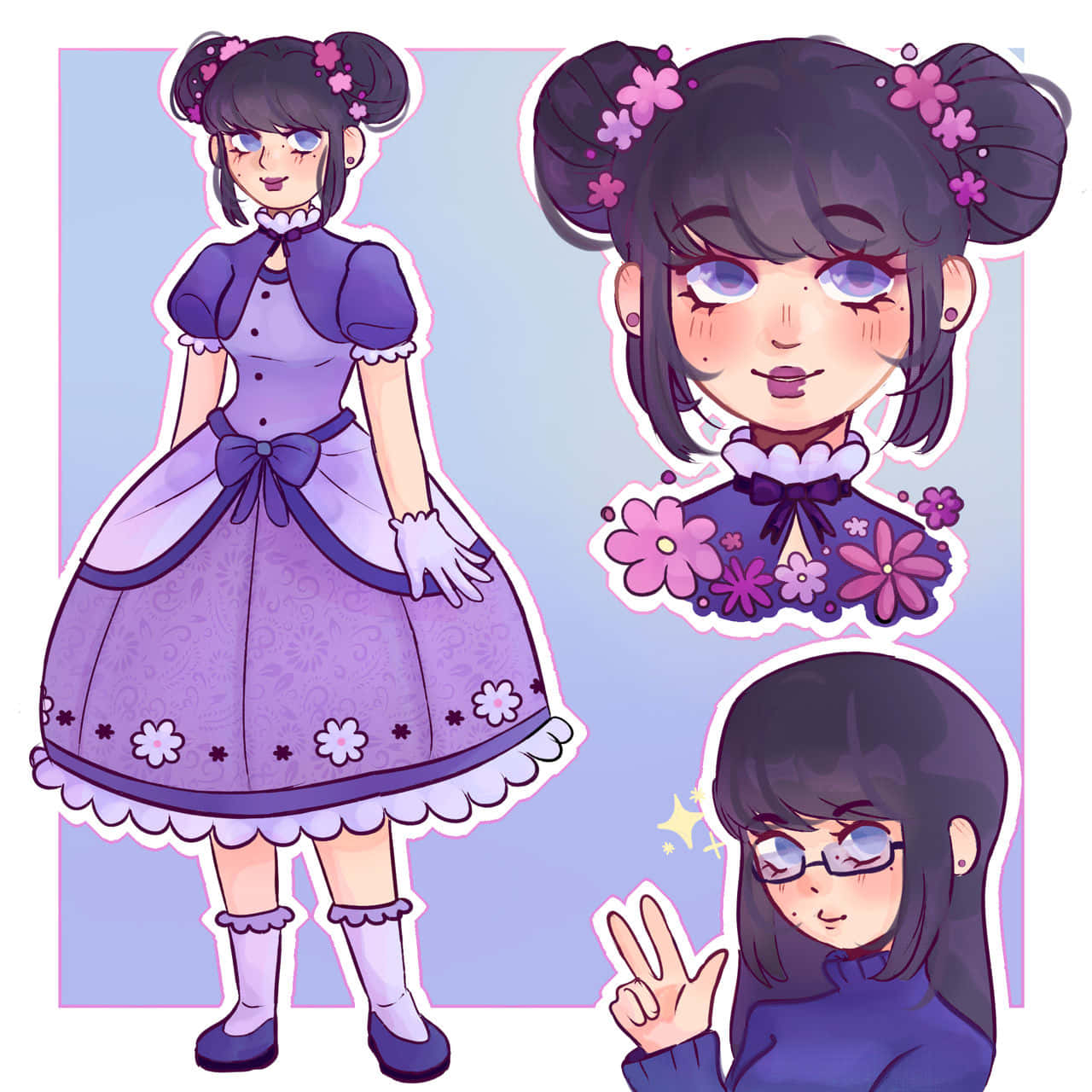 Lolita Fashion 桌布 壁紙 — 一個可愛的動漫女孩，穿著紫色花卉連衣裙，雙丸子頭和粉紅色花朵，展示全身、特寫和和平手勢。