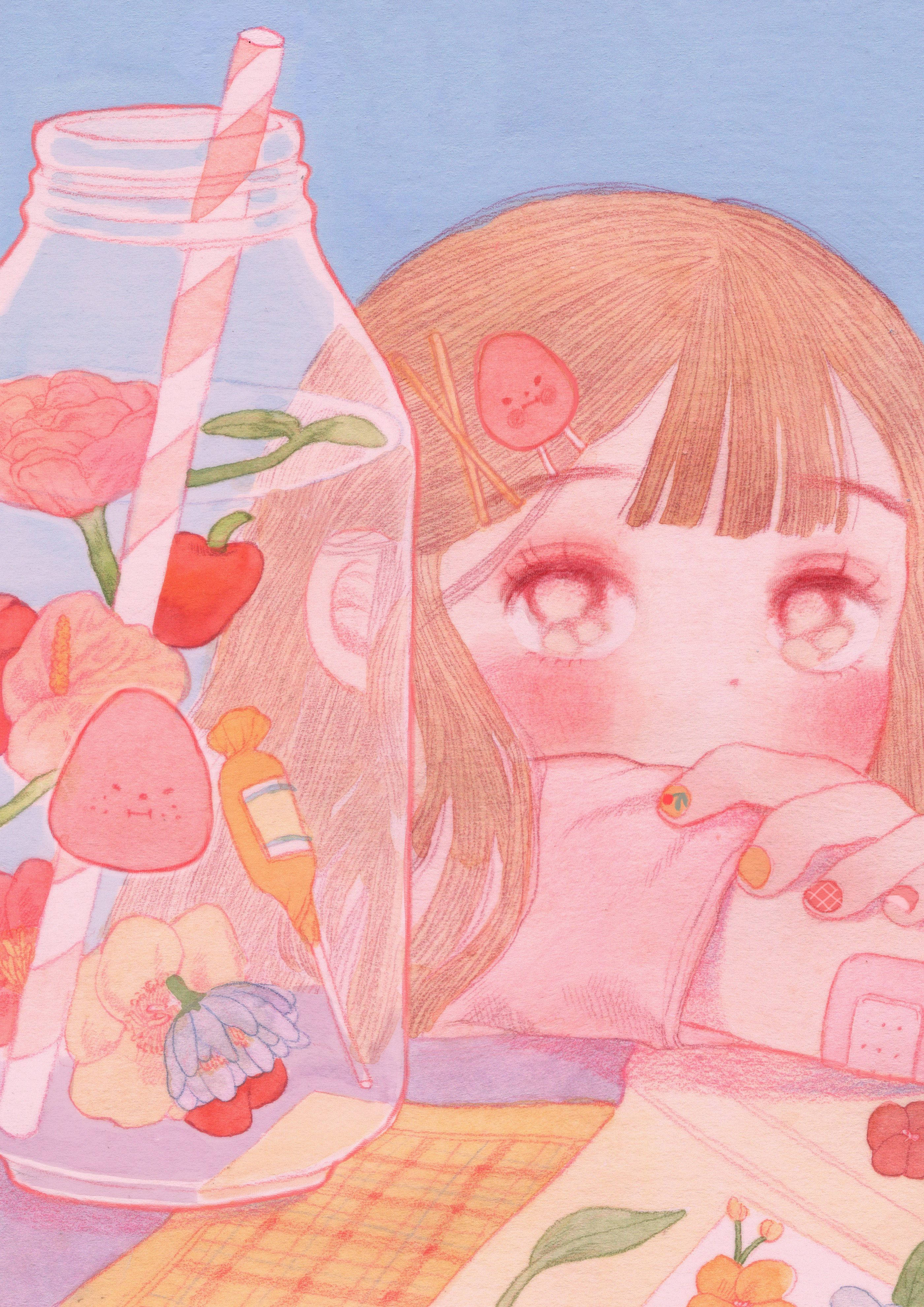動漫女孩 桌布 壁紙 — 一個可愛的動漫女孩，粉紅色頭髮，戴著草莓髮夾，從一個裝滿鮮花和糖果的玻璃罐後面探出頭來。