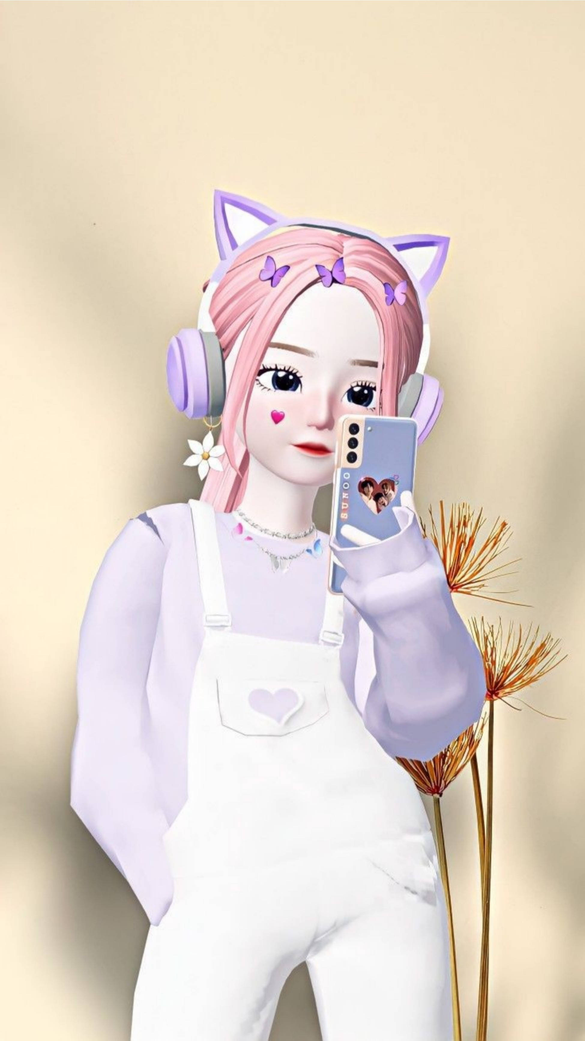 動漫女孩 桌布 壁紙 — 一個可愛的動漫女孩，粉紅色頭髮和貓耳朵，戴著耳機和白色連身褲，在柔和的米色背景下自拍。