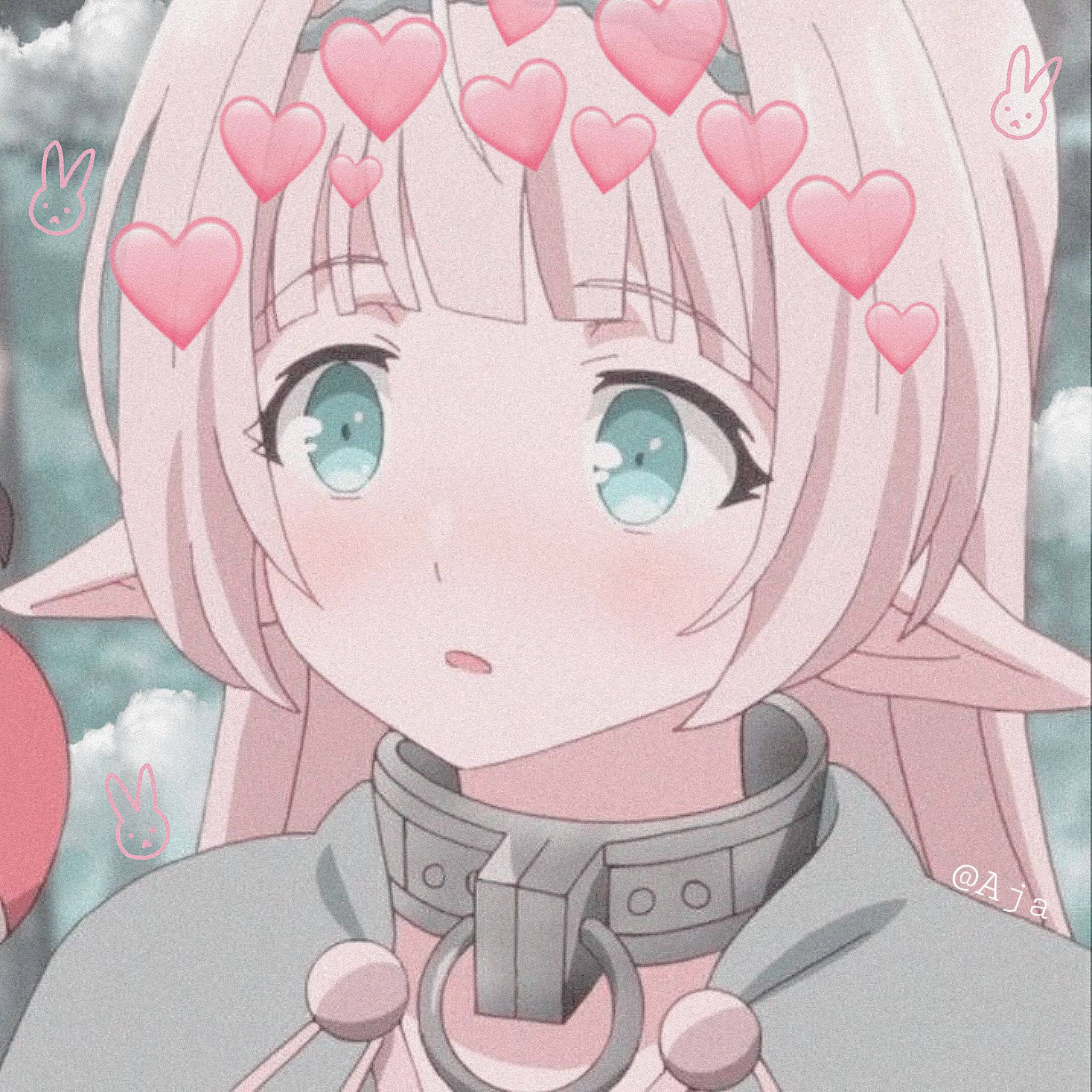 可愛動漫頭像gif 桌布 壁紙 — 一個可愛的動漫女孩，粉紅色頭髮和藍色眼睛，被漂浮的粉紅色心形和兔子圖標包圍。