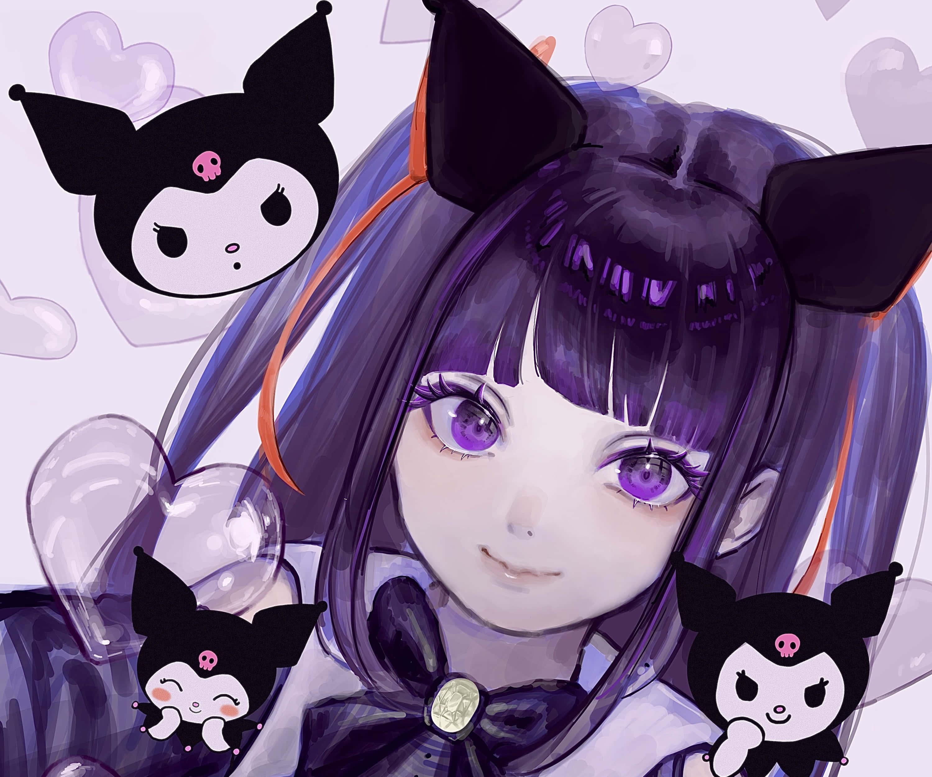 Kuromi Fanart 桌布 壁紙 — 一個可愛的動漫女孩，紫色頭髮和貓耳朵，被漂浮的Kuromi角色和心形包圍，溫柔地微笑。