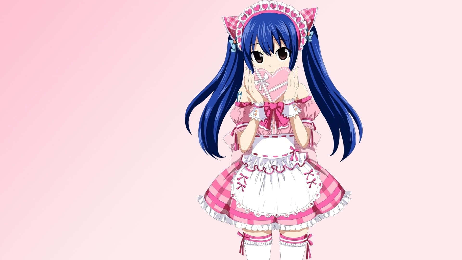 Wendy Marvell 桌布 壁紙 — 一個可愛的動漫女孩，藍色頭髮和粉紅色貓耳，在柔和的粉紅色背景前拿著心形棒棒糖。