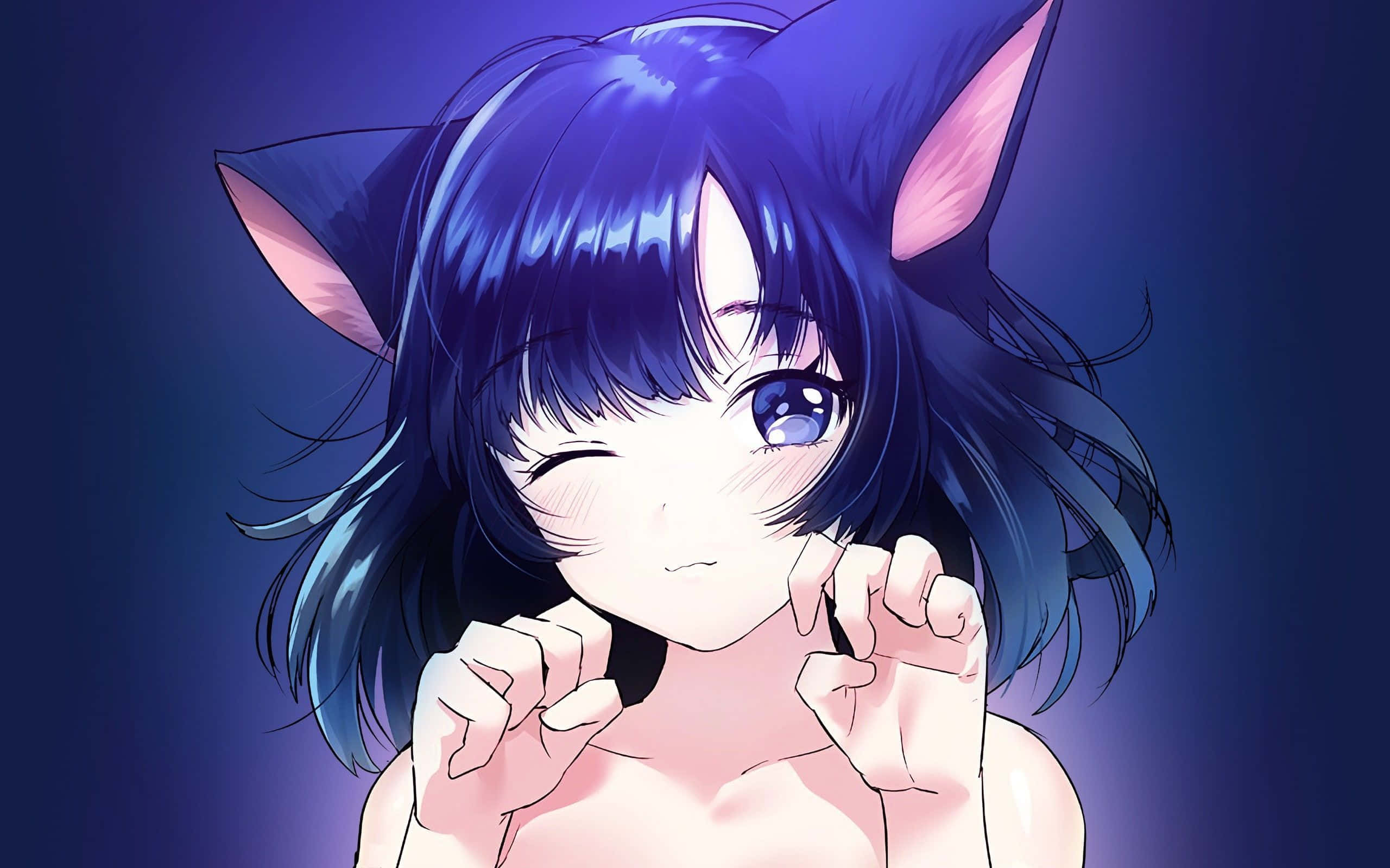 neko 桌布 壁紙 — 一個可愛的動漫女孩，藍色頭髮和貓耳朵，在深藍色漸變背景上頑皮地眨眼。