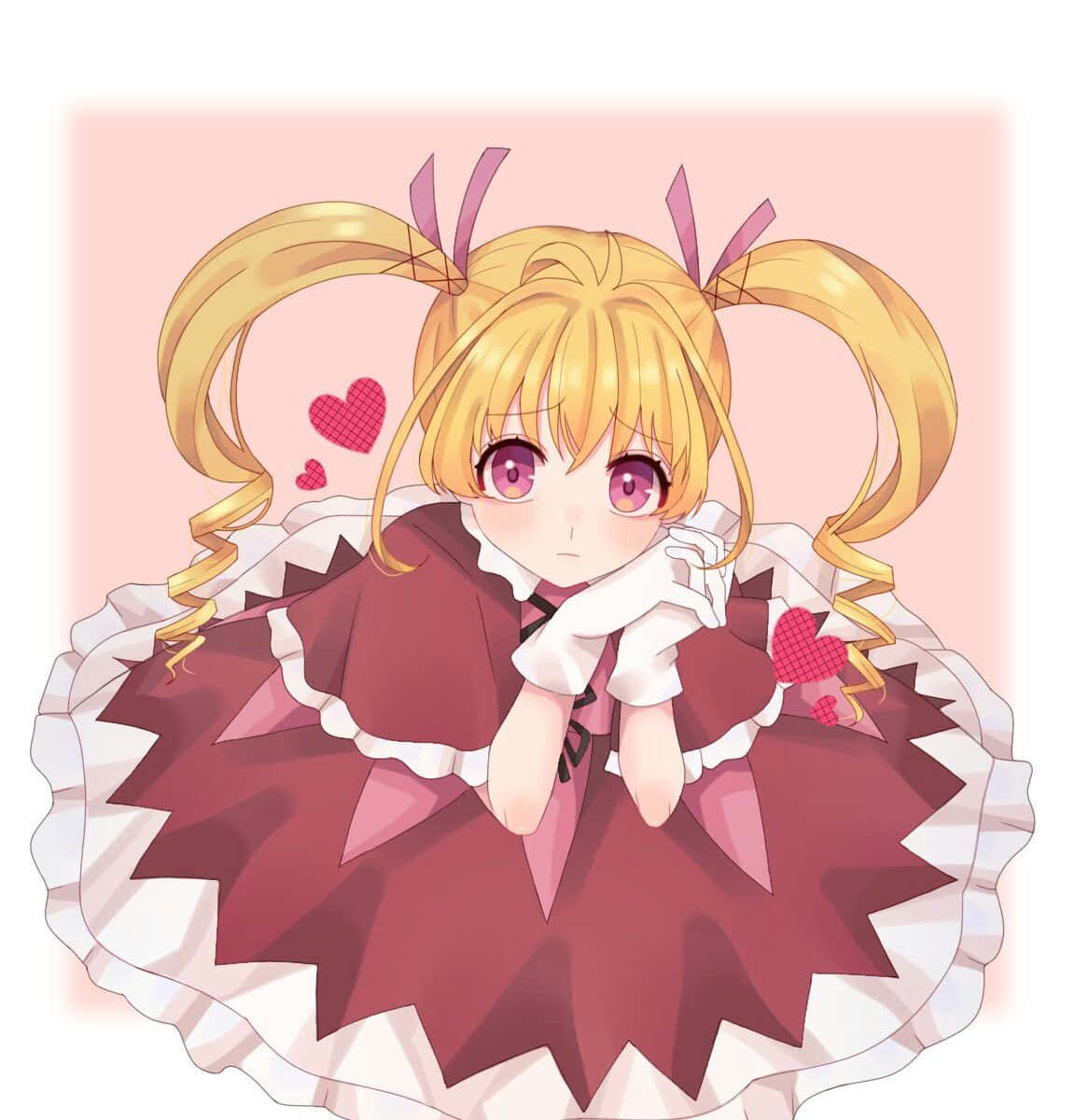 Hunter X Hunter Bisky 桌布 壁紙 — 一個可愛的動漫女孩，金色雙馬尾和紫色眼睛，穿著荷葉邊紅色連衣裙，周圍漂浮著心形。