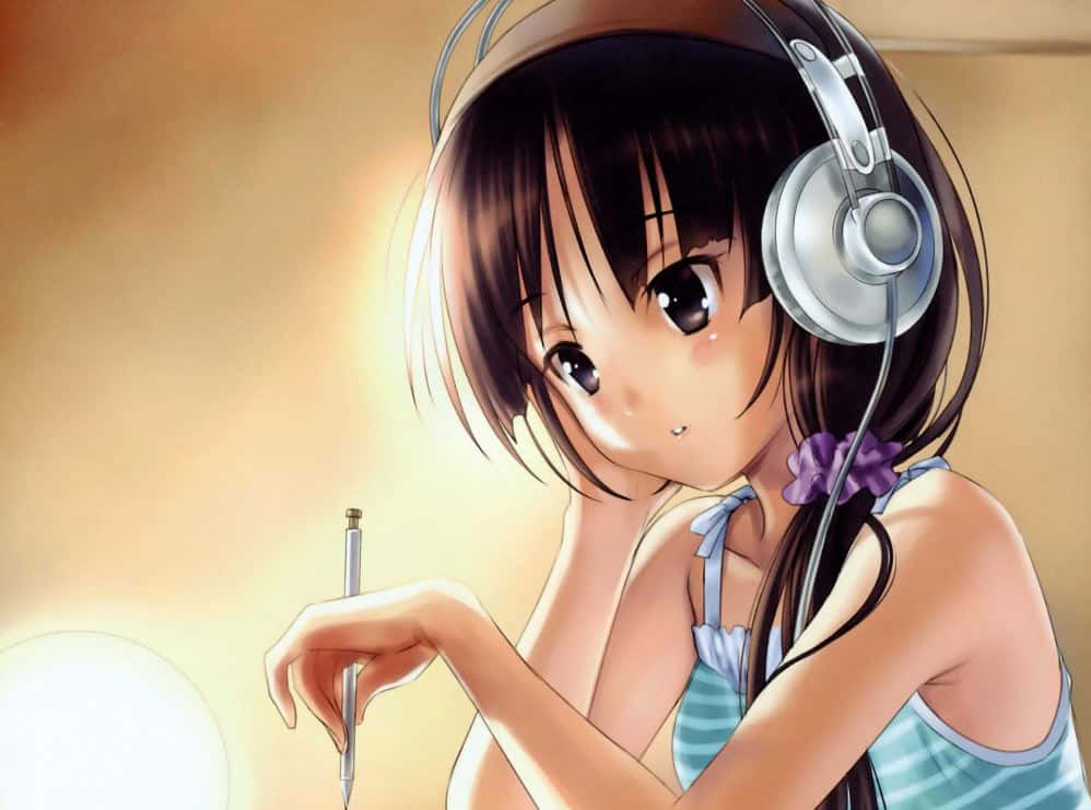 Cartoon Music 桌布 壁紙 — 一個可愛的動漫女孩戴著耳機和一支筆，在溫暖發光的背景下溫柔地凝視。