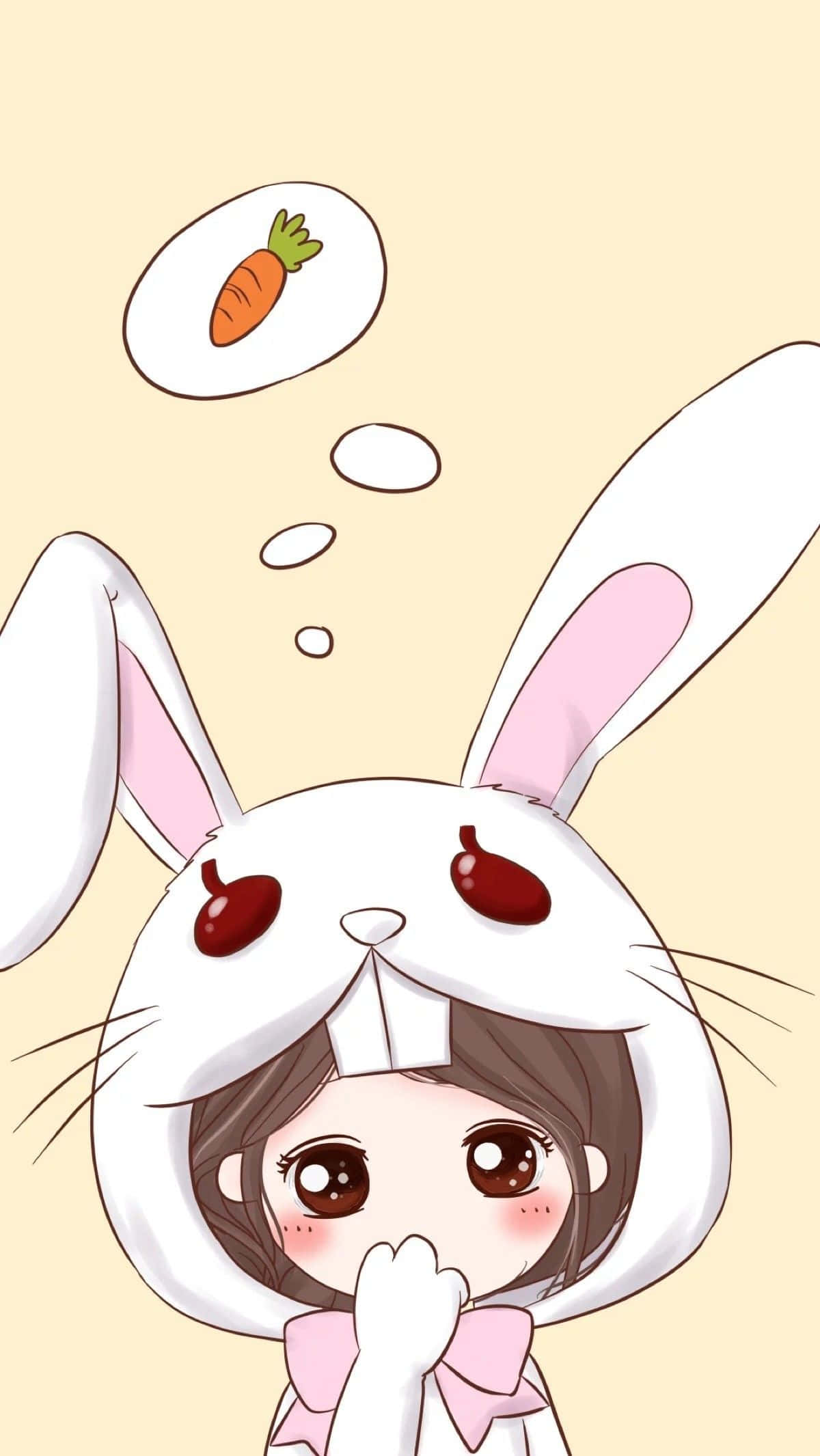 Cartoon Drawing 桌布 壁紙 — 一個可愛的動漫女孩穿著白色兔子服裝，有粉紅色的內耳和蝴蝶結，想著頭上的胡蘿蔔。