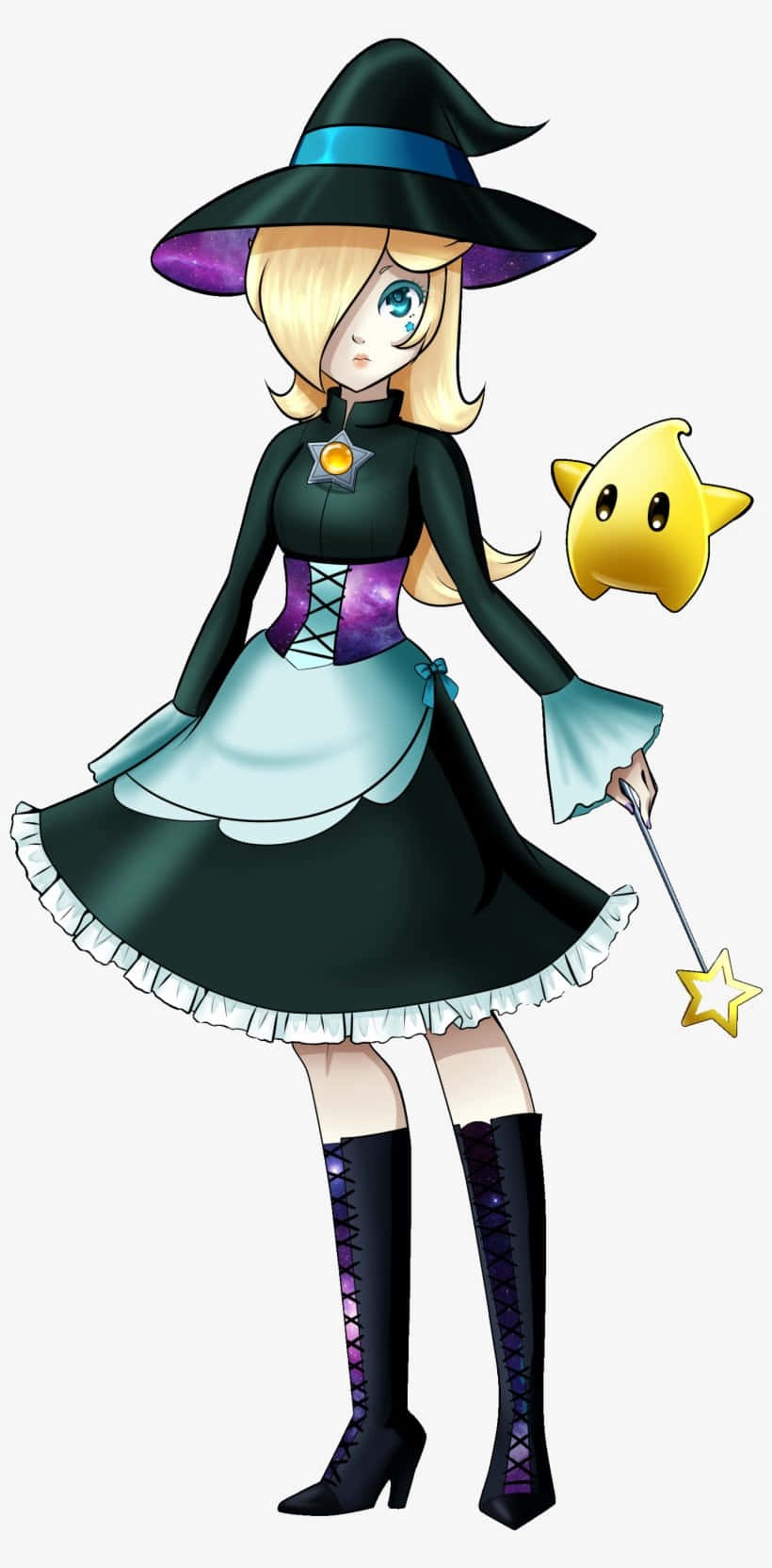 Princess Rosalina 桌布 壁紙 — 一個可愛的動漫女巫，金髮，戴著黑色帽子，在黃色星星角色旁邊拿著星星魔杖。