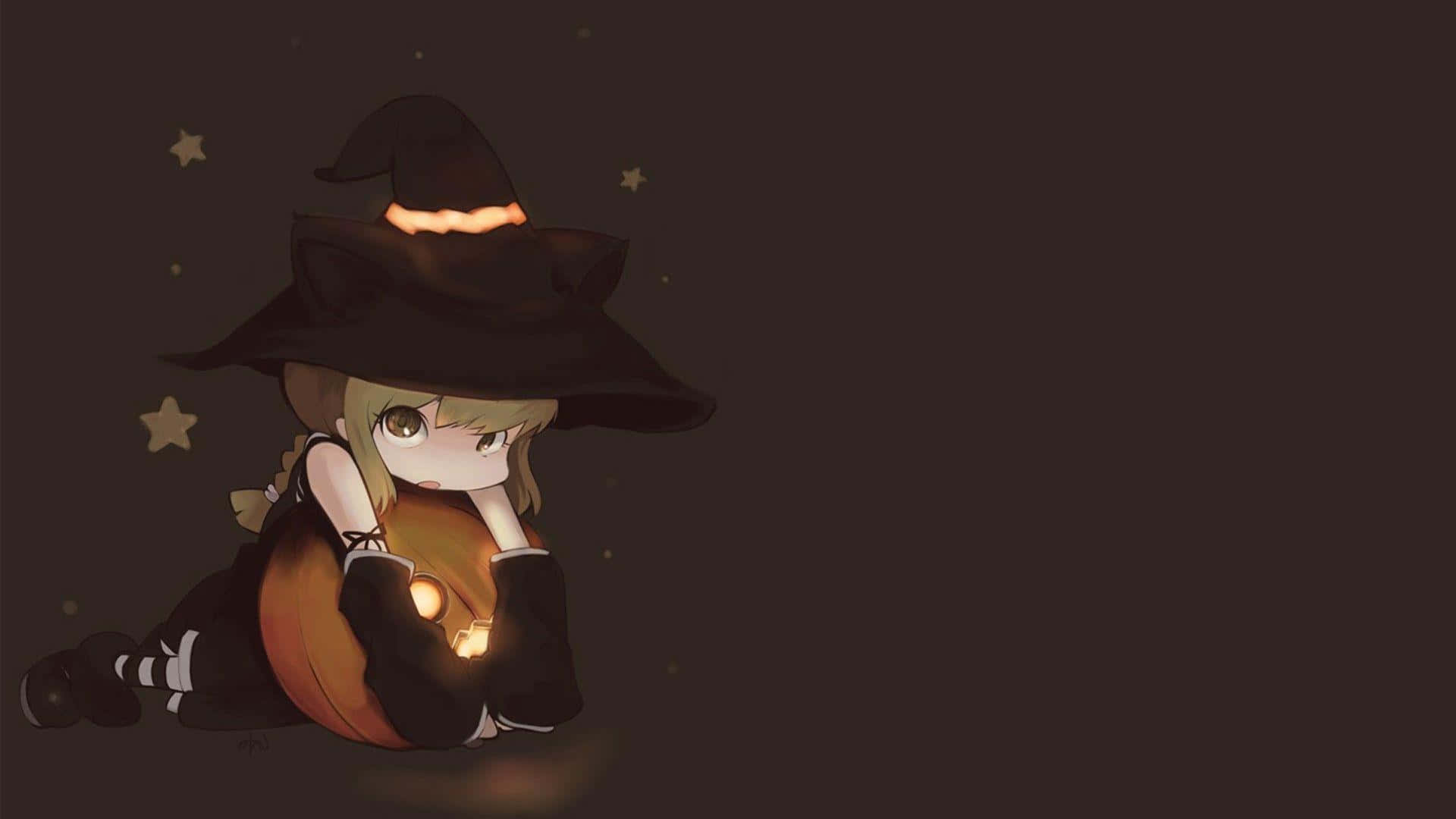 Witch Hats 桌布 壁紙 — 一個可愛的動漫女巫拿著發光的南瓜，獨自坐在繁星點點的夜空下，散發出溫暖而神奇的輝光。