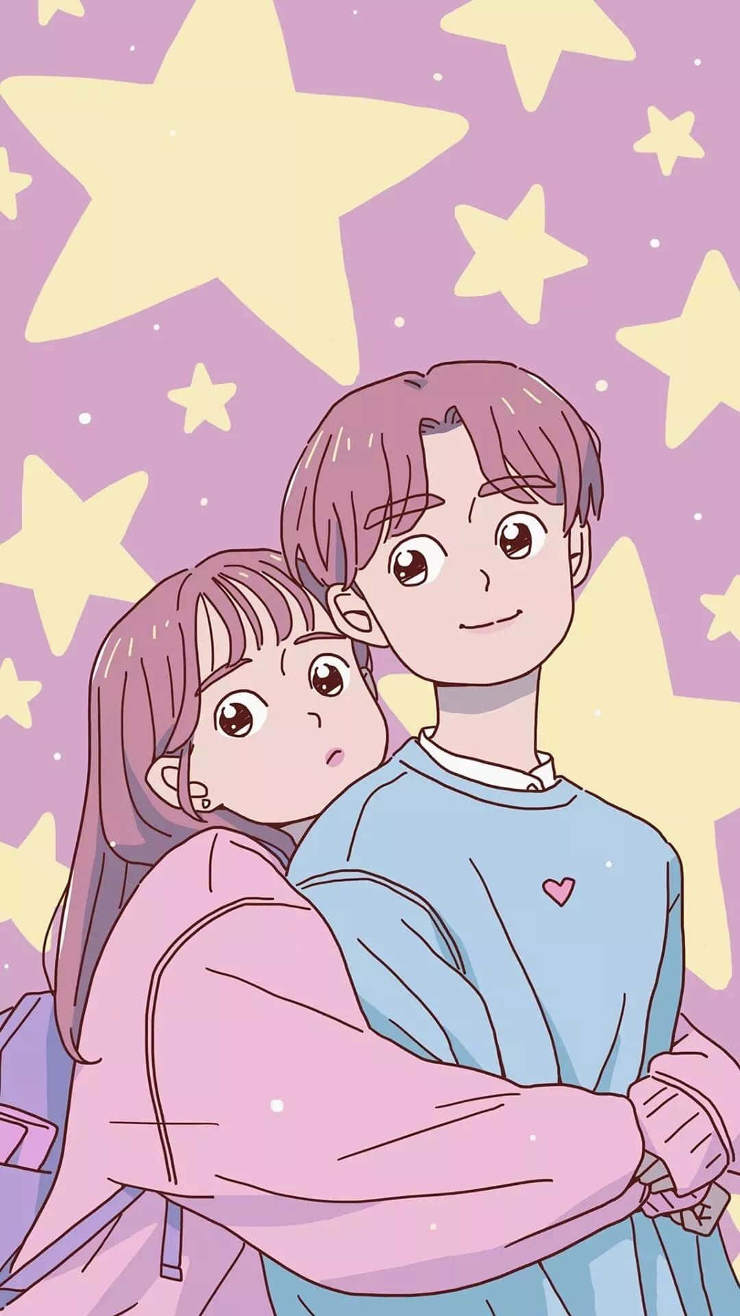 Cute Anime Couple 桌布 壁紙 — 一個可愛的動漫情侶在充滿閃爍黃色星星的夢幻紫色天空下擁抱。