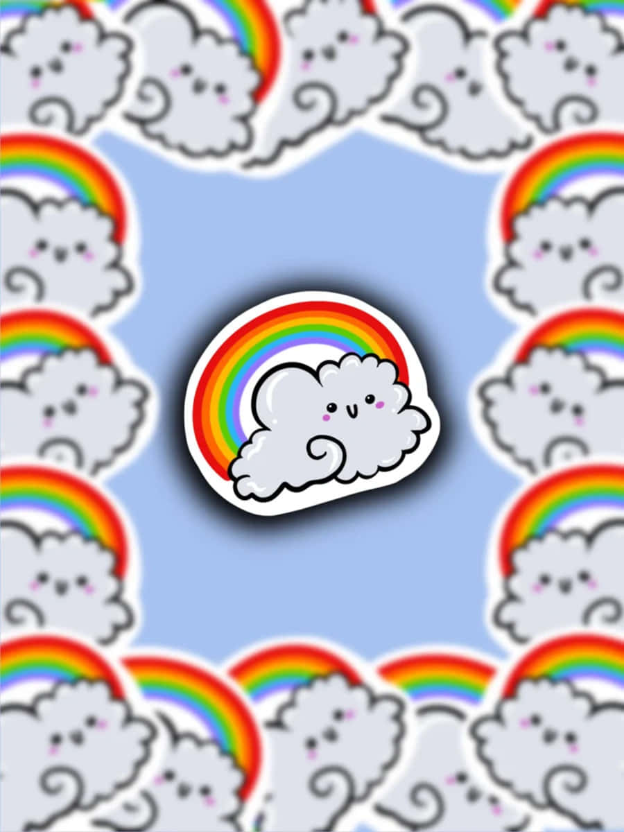 Kawaii Rainbow 桌布 壁紙 — 一個可愛的卡哇伊雲朵，背後有彩虹拱形，背景是淺藍色並帶有重複的雲朵圖案。