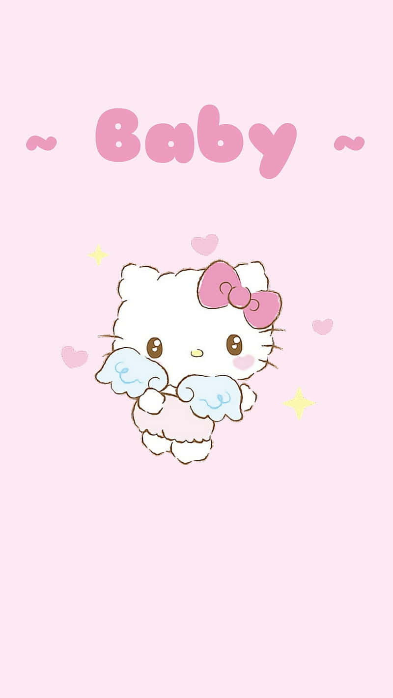 Kawaii Hello Kitty 桌布 壁紙 — 一個可愛的卡通Hello Kitty，擁有天使翅膀和粉紅色蝴蝶結，在帶有心形和星星的柔和粉紅色背景上輕輕漂浮。