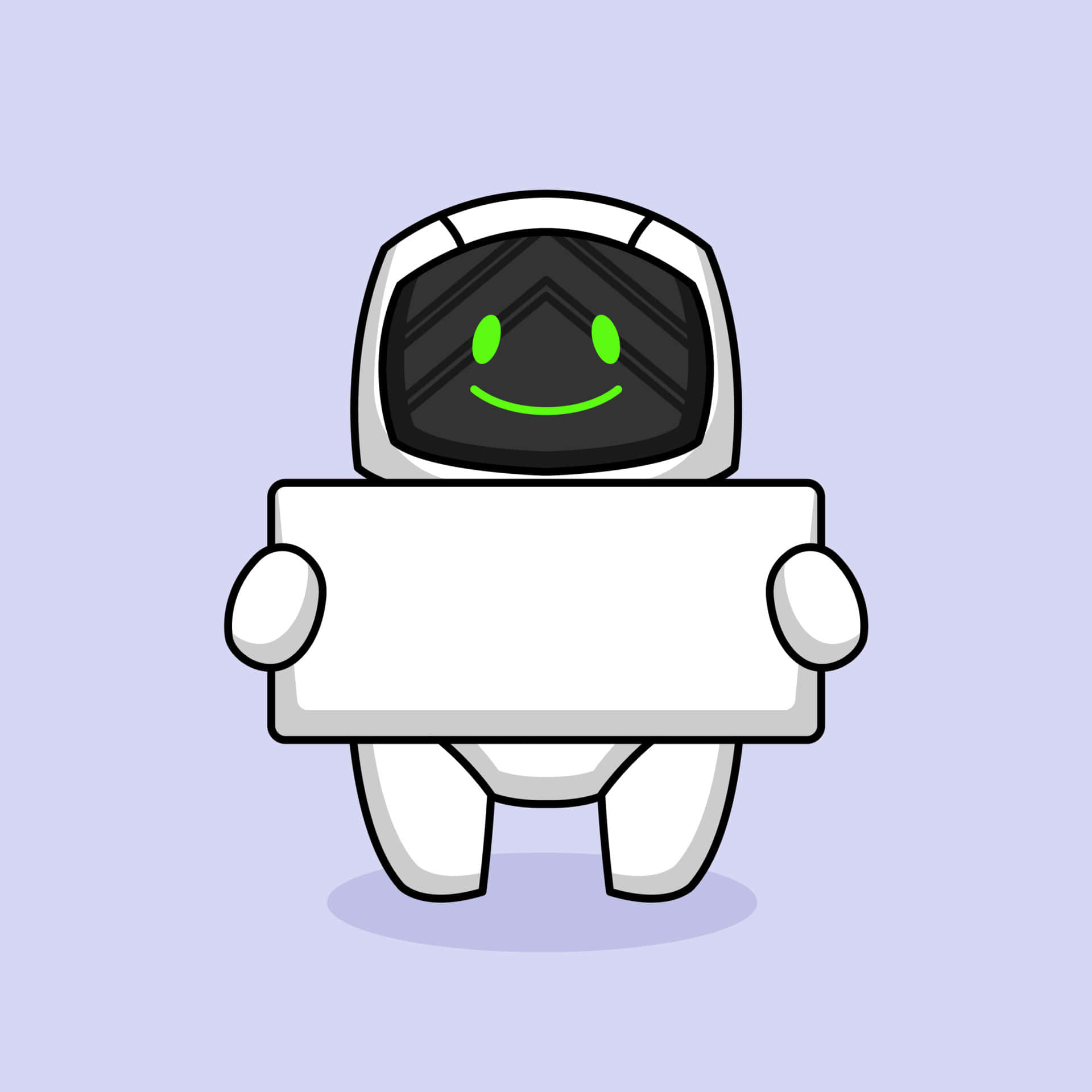 Kawaii Robot 桌布 壁紙 — 一個可愛的卡通太空人，綠色笑臉，在柔和的薰衣草背景前拿著一個空白白色標牌。