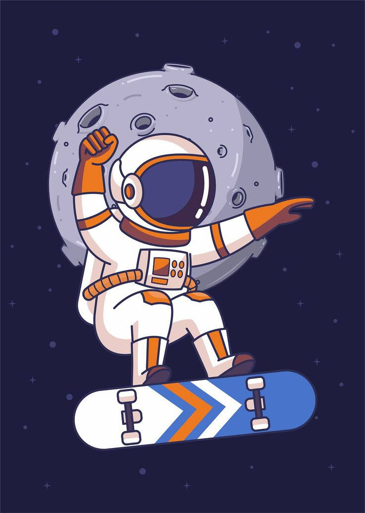 太空人 桌布 壁紙 — 一個可愛的卡通太空人在星空夜空背景下踩滑板，身後有月亮。