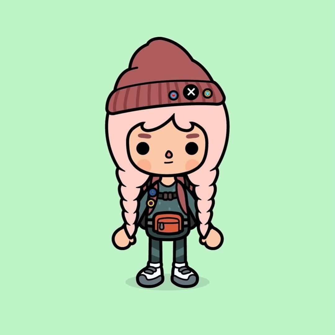 toca boca 桌布 壁紙 — 一個可愛的卡通女孩，粉紅色辮子戴著冷帽，站在薄荷綠色背景前，背著背包和腰包。