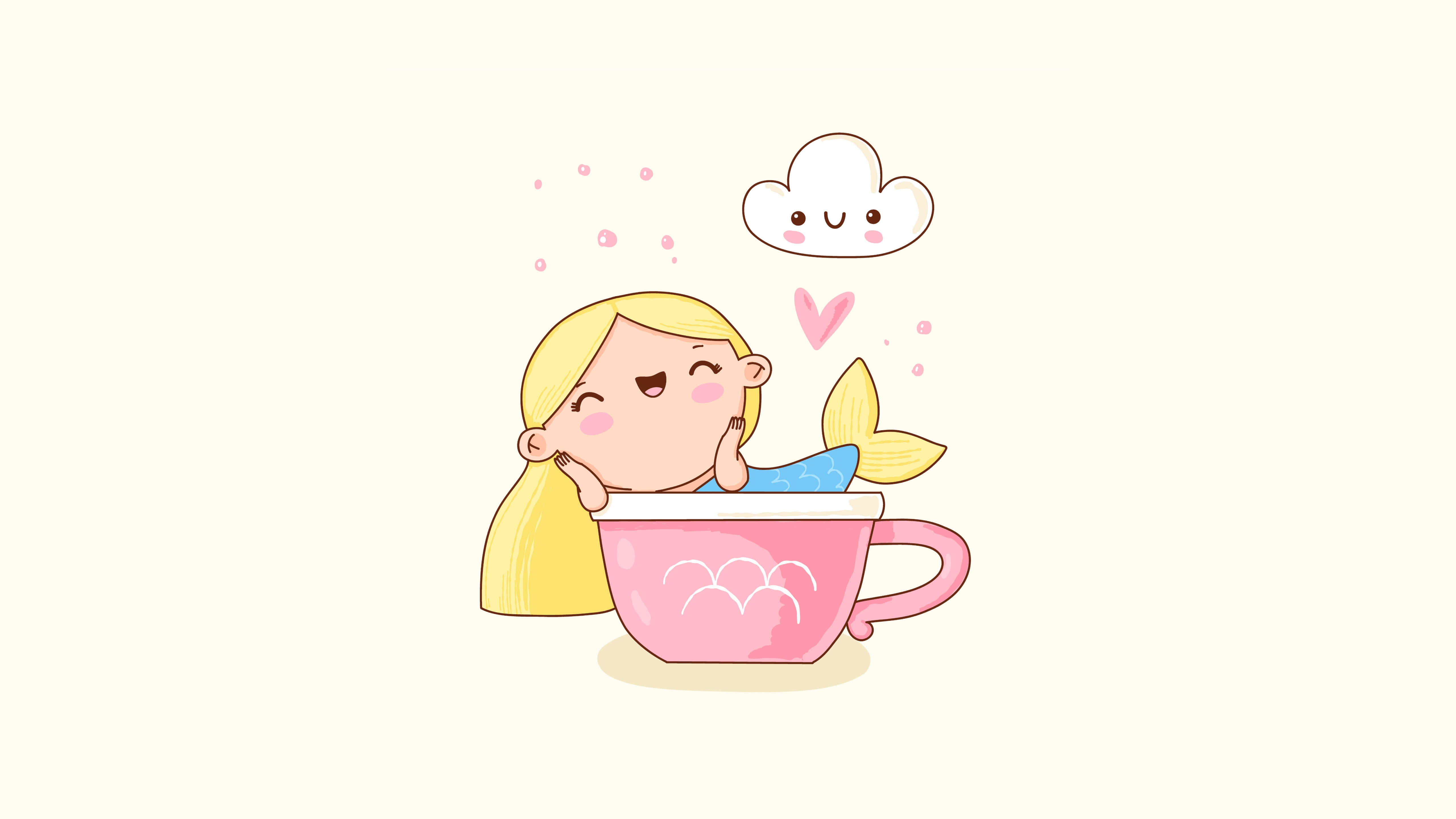 Kawaii Cartoon 桌布 壁紙 — 一個可愛的卡通女孩，金髮魚尾，在粉紅色茶杯裡快樂地放鬆，上方有微笑的雲朵和漂浮的心形。