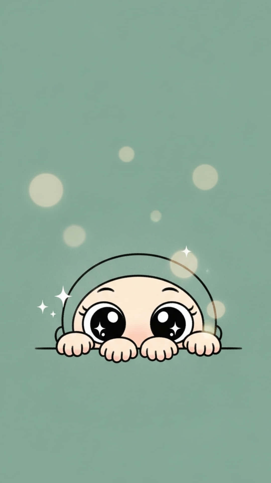 Shy Kawaii Face Hiding Behind Tiny Hands, Muted Mint Green Background with Bokeh Lights 壁紙 — 一個可愛的卡通寶寶，有著大大的閃亮眼睛，在柔和的薄荷綠色背景上，從一條線後面探出頭來，周圍有漂浮的散景光點。