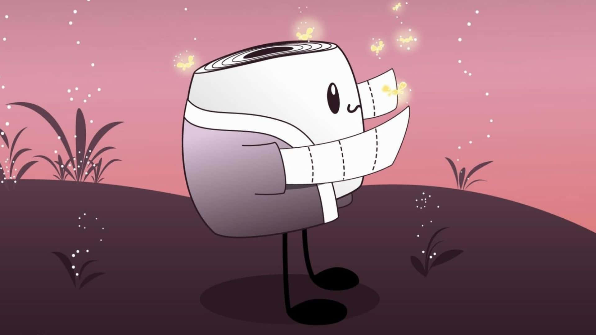 Kawaii Art 桌布 壁紙 — 一個可愛的卡通廁紙卷角色，帶有閃爍的光芒，站在粉紅色的暮色田野中，背景有黑暗的山丘和稀疏的植物。