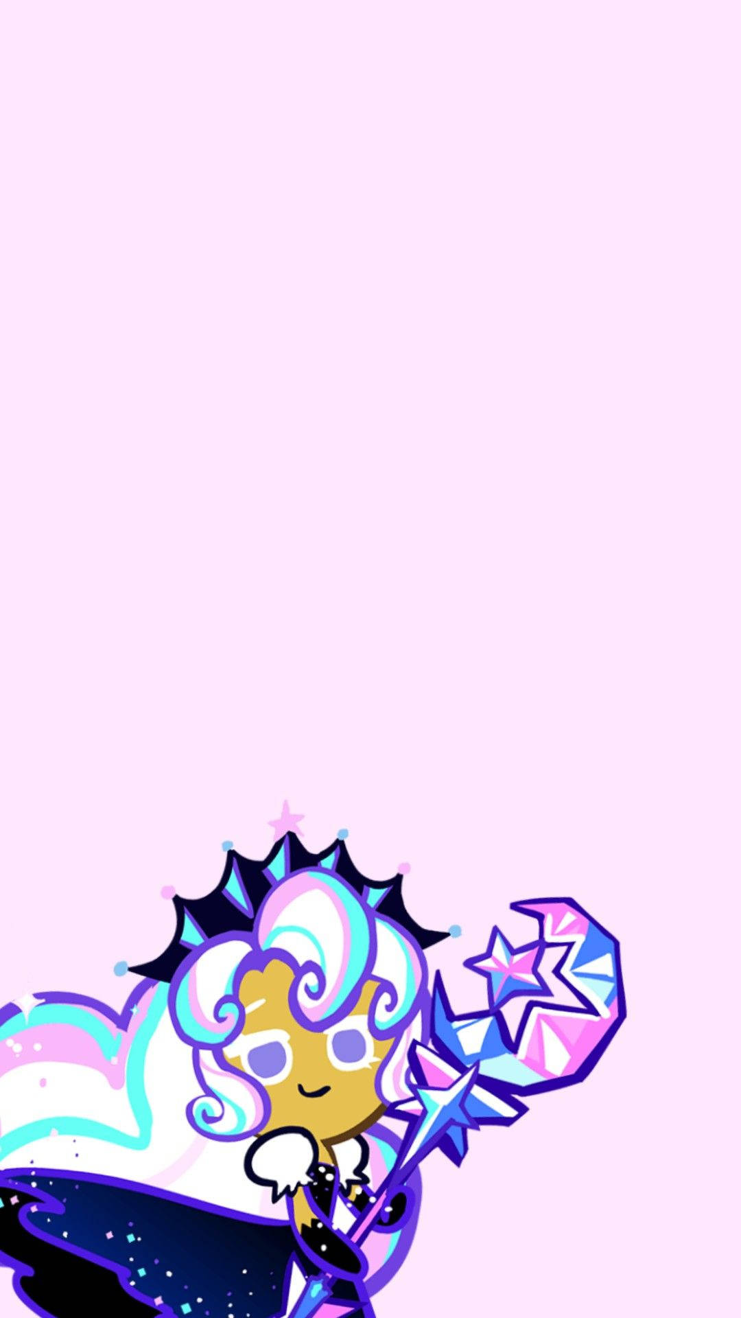 Milky Way Cookie Run 壁紙 — 一個可愛的卡通曲奇角色，擁有旋轉的頭髮和星星魔杖，漂浮在柔和的粉紅色背景上。