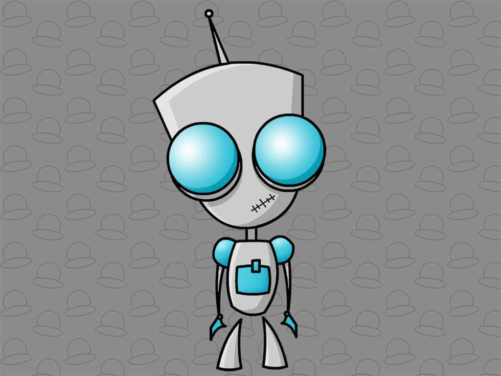 Invader Zim 桌布 壁紙 — 一個可愛的卡通機械人，有著大大的藍色眼睛和縫合的嘴巴，站在灰色背景前，背景上有模糊的帽子輪廓圖案。