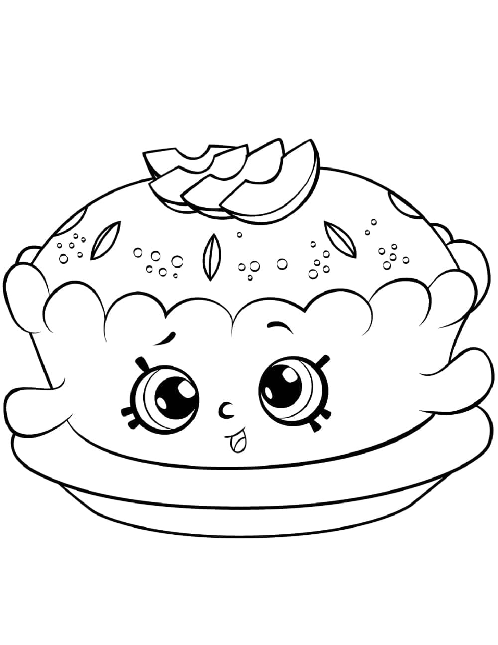 Shopkins 桌布 壁紙 — 一個可愛的卡通派，有大眼睛和微笑，上面放有切片水果和糖霜。